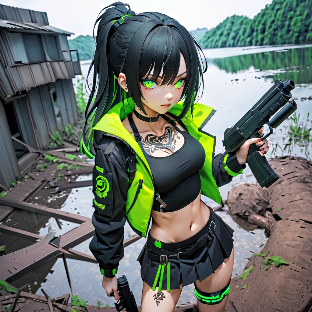 1 girl, solo, long_hair, bangs_between_the_eyes black_hair_with_strands_green, bi_color_ green_neon eyes, sexy_face, HOLDING A GUN IN HAND NEAR THE GROUND, cyberpunk_clothes, short_jacket, navel appears, short_skirt, tatto_legs, left_arm_band, tattoo_above_navel_background_of_abandoned_lake_contaminated, manga_style_image .
