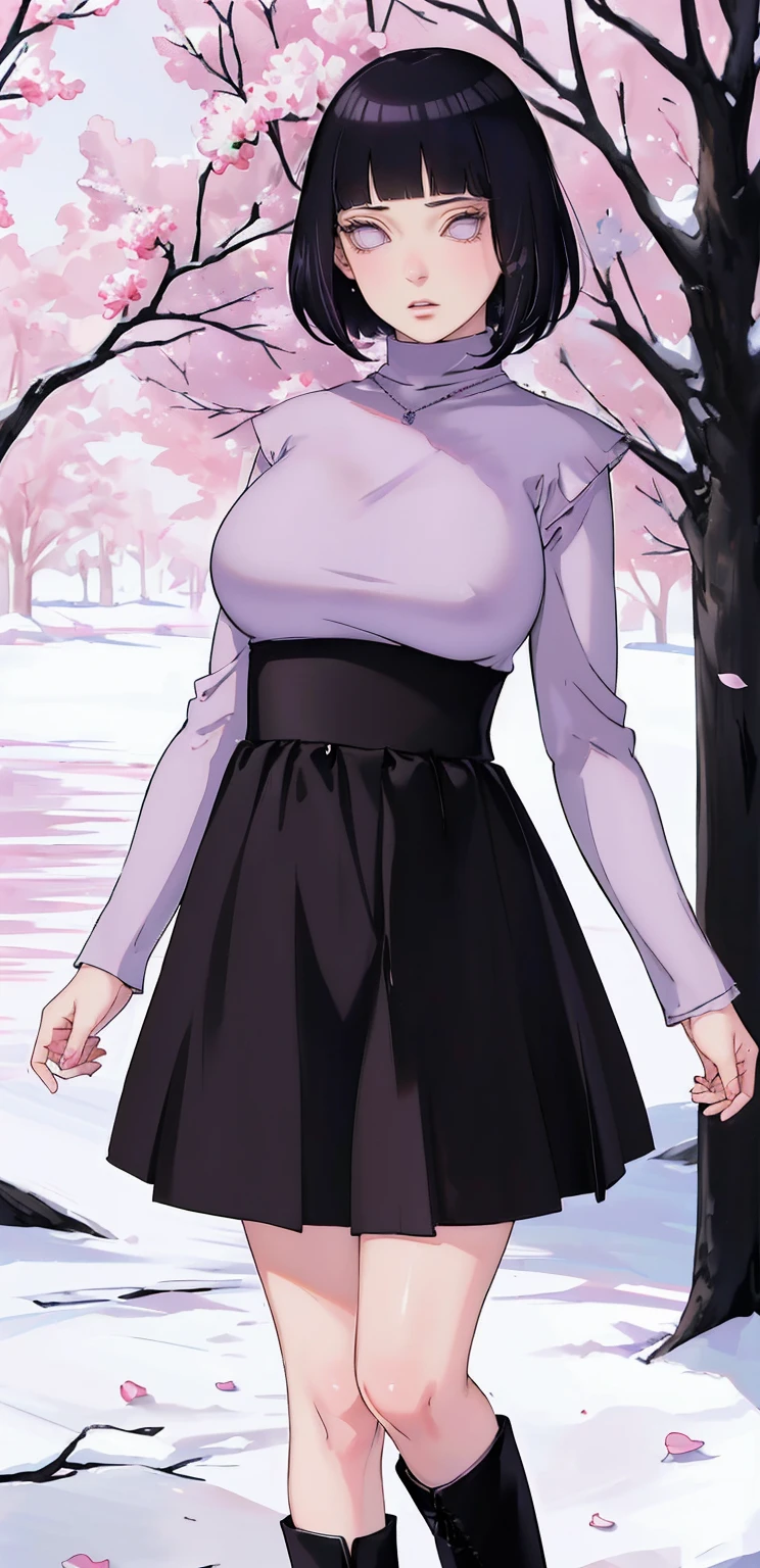 { - anatomy error} (Masterpiece - Ultra-detailed, very high resolution) (huge titusty, masterpiece, absurdres, hinata\(boruto\), 1girl, solo,mature female, lilac turtleneck blouse, high waist black long skirt, looking at viewelling petals), perfect composition, detailed lips, big breast, beautiful face, body propotion, blush, (pink lips), short hair, (black hair), purple eyes, soft gaze, super realistic, detailed, photoshoot, realistic face and body, closed mouth,  lilac eyes, full body, walking on the floor , black boots, inocent face, hidden hands
