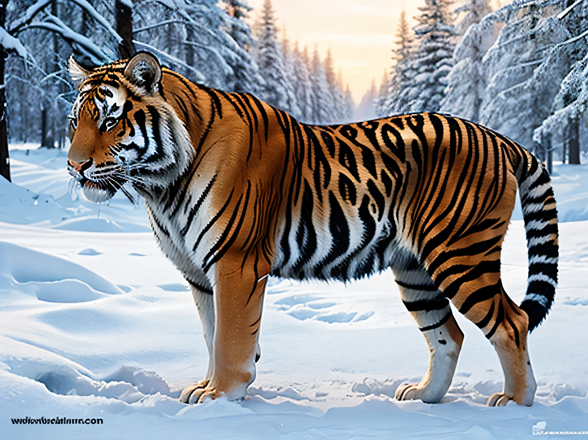 morena realista e tigre branco em vista cheia de neve em royo-art.