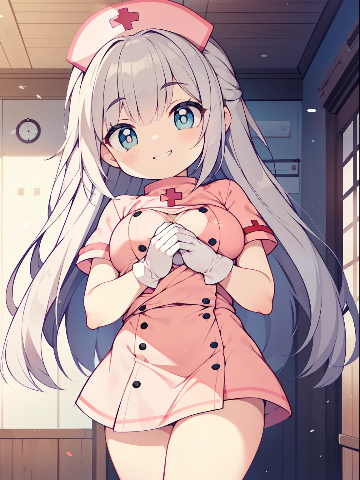 (nurse girl:1.2), (1 person:1.2),(10 year old girl)、young girl、big breasts、 nffsw、shader、highly detailed eyes、nurse costume(Light pink nurse clothes、Plain clothing、silk gloves、mini skirt)、long straight hair、underboob、side ilver hair、silky hair、ultra-intricate pupil in eyes、highest quality、bright colors、Bust 100、Standing picture of the game、Stirring composition、Composition looking up from below、Lift your with your hands、Pose that emphasizes the chest、fold your arms、grinning expression、eyes half closed、open your mouth、curling eyebrows、Bullish smile、fold your hands behind your back、Hide your hands、evil smile、whole body、beautiful