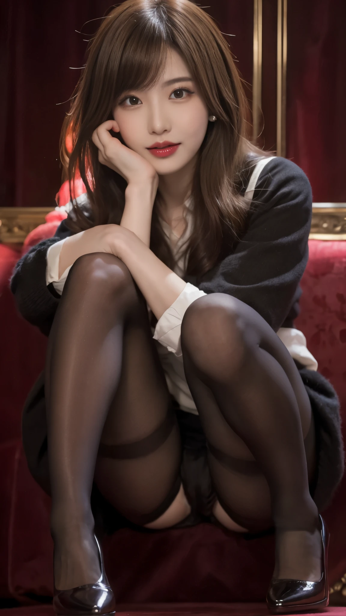 beautiful japanese woman,Photos taken by a professional photographer,Fancy makeup with red eyeshadow,double eyelid,The best smile,Delicate brown hair with short cut and side waves,big ring earrings,squatting down,elegant legs,Wearing black high heels,long and thin legs, white shirt and super miniskirt, long legs, very beautiful slim legs, とても美しいlong and thin legs, Business service, beautiful feet, good hips and long legs, beautiful feet, black tights,black stockings,black pantyhose,random pose,white panties,