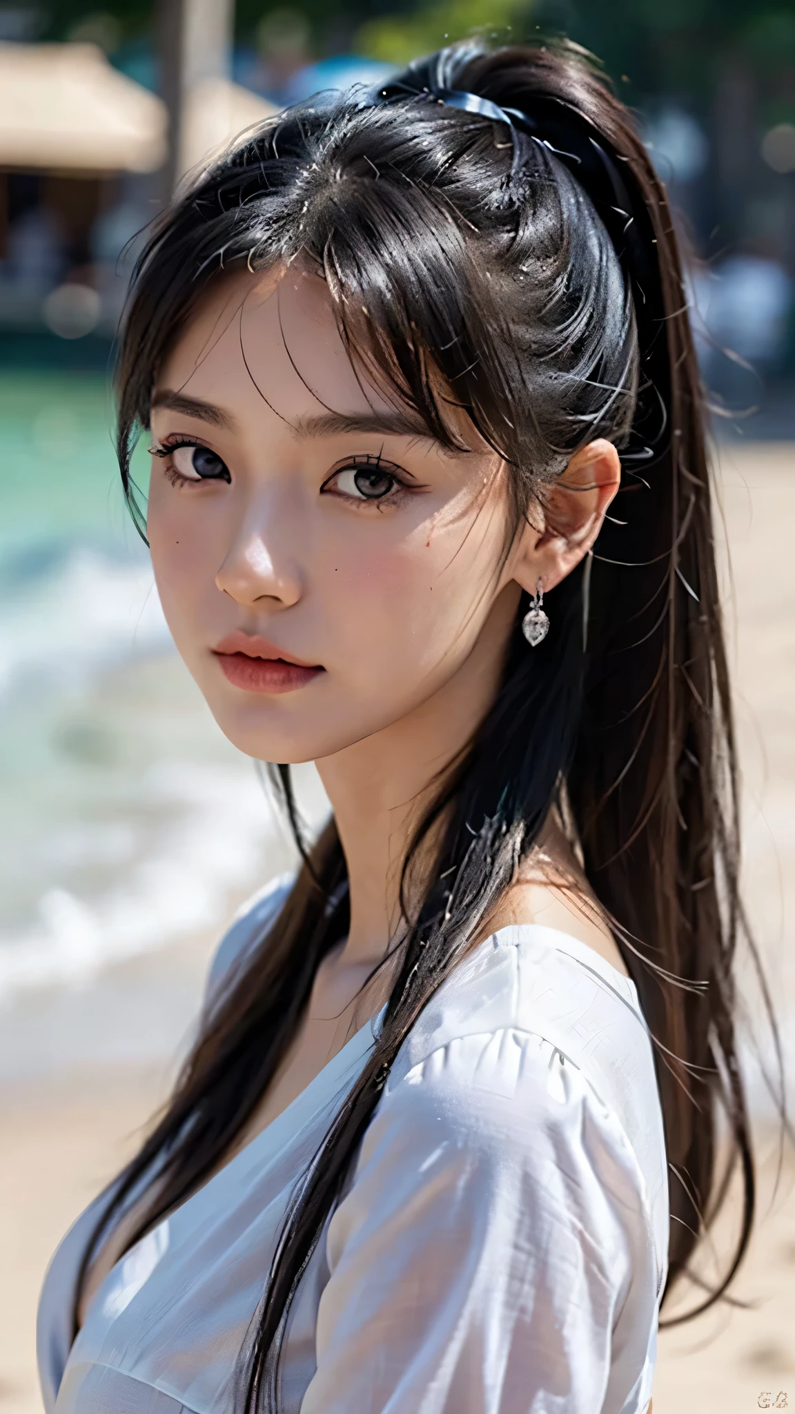 fully body photo,masutepiece, The highest image quality, High quality, the background is clear,Beautiful woman, Japanese, Detailed, Detailed eyes, Detailed skin, Beautiful skin, 超hight resolution, (reality: 1.4),Very beautiful woman, Slightly younger face, Beautiful skin, slender, (Ultra photo realsisim), (hight resolution), (8K), (Very detailed) (beautifully detailed eyes), (super detailed), (Detailed face), view the viewer, Fine details, Detailed face, Staring straight ahead, Staring straight ahead, photos realistic, Bright lighting, Professional Lighting, Black hair, ,poneyTail,a baby face,sixteen years old,髪型はponeyTail,wear a ribbon,ロングのponeyTailの髪型,海岸,南の島,Enjoying dating,Angle from waist up,standing and posing,Wearing earrings,beach,resort,
