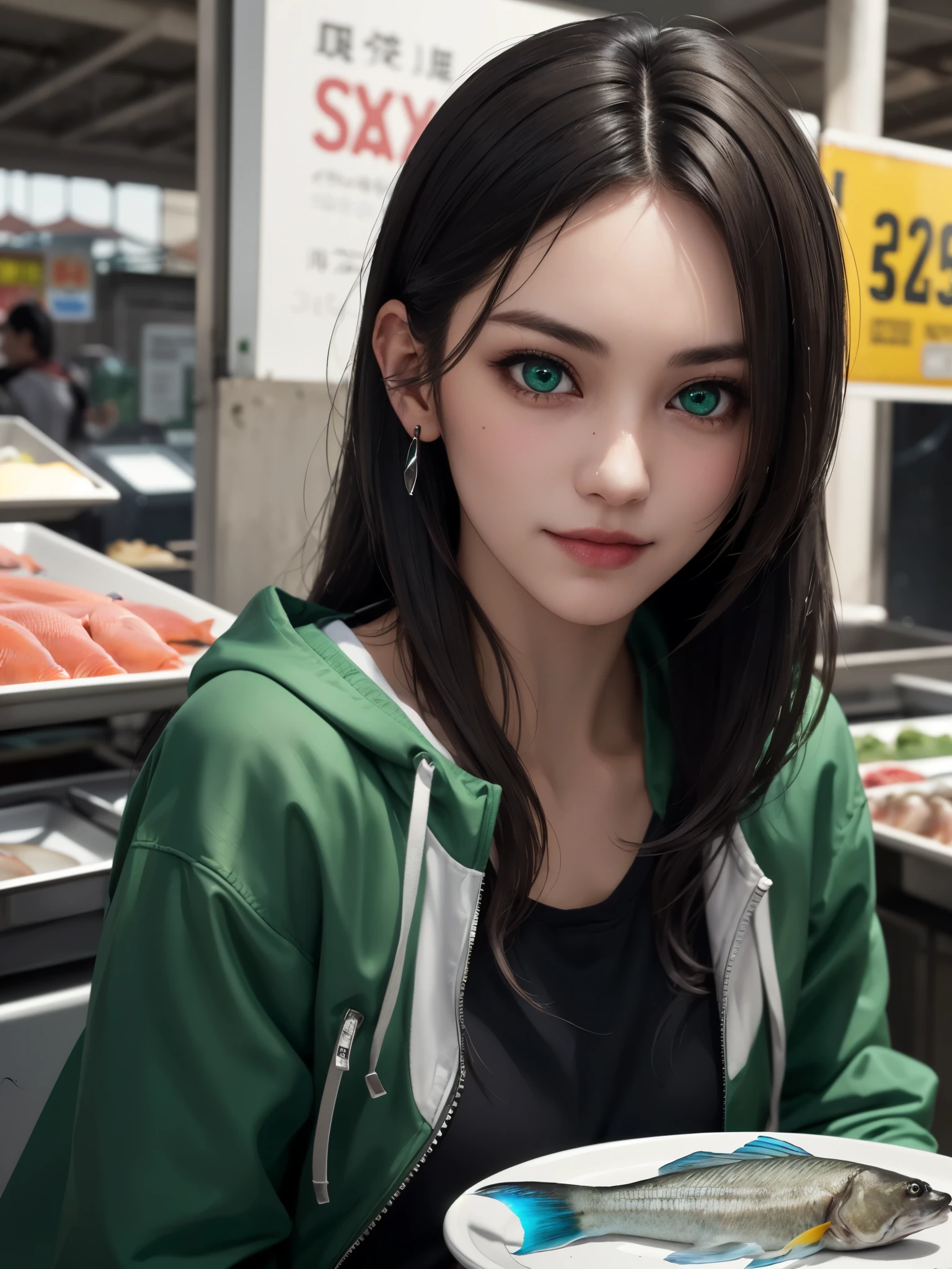 1girl, fish market owner, (presenting various fish on plate:1.4), cyberpunk crop jacket, sharp focus, bokeh, (realistic:1.3), (smile:0.6), black long hair with green strands, bangs between the eys, green eyes, sexy expression, manga style, detailed face, 