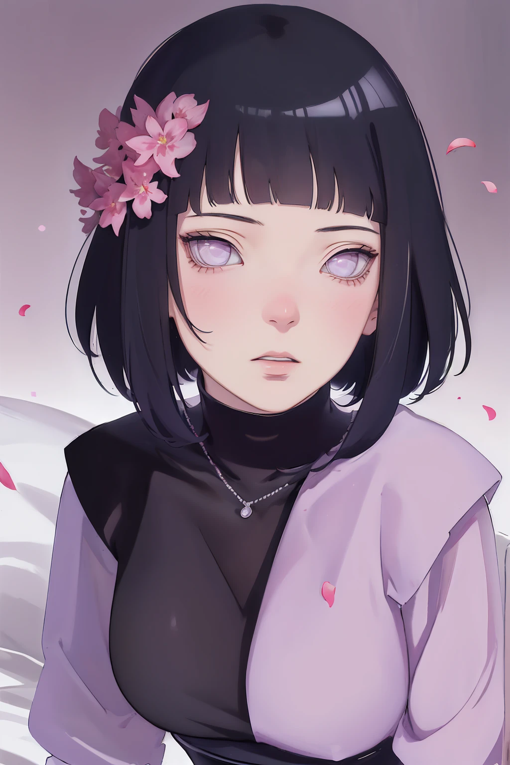 { - anatomy error} (Masterpiece - Ultra-detailed, very high resolution) (huge titusty, masterpiece, absurdres, hinata\(boruto\), 1girl, solo,mature female, lilac turtleneck blouse, high waist black short skirt, looking at viewelling petals), perfect composition, detailed lips, big breast, beautiful face, body propotion, blush, (pink lips), short hair, (black hair), purple eyes, soft gaze, super realistic, detailed, photoshoot, realistic face and body, closed mouth, sitting on the bed , lilac eyes, full body, with chin resting on shoulder, hidden hands