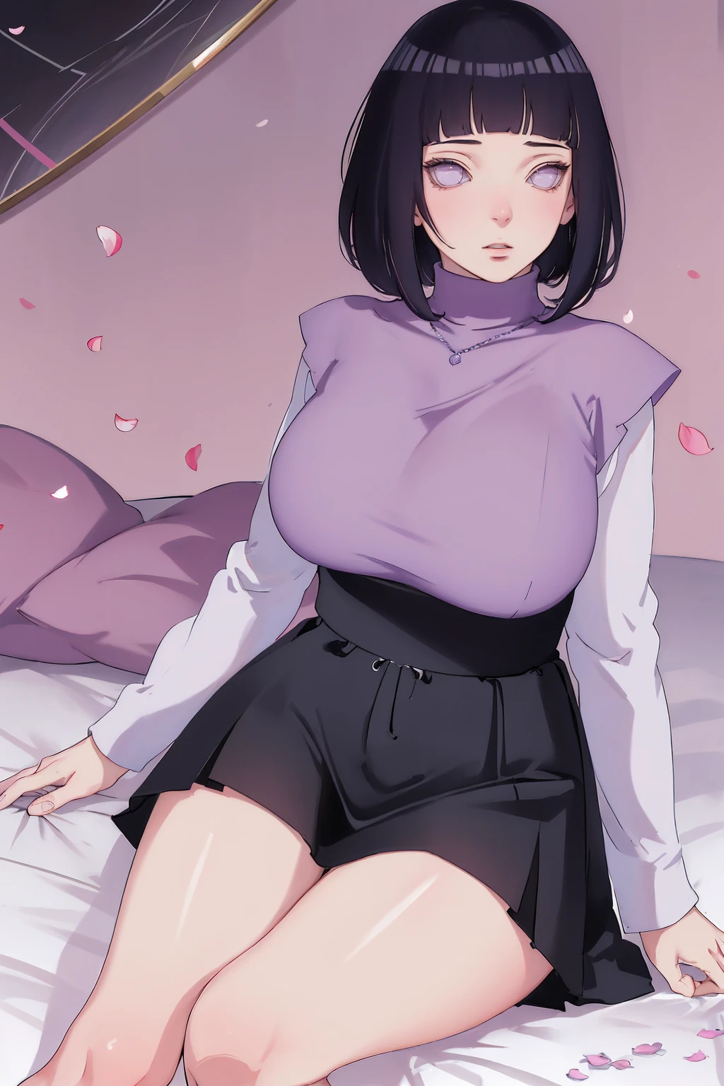 { - anatomy error} (Masterpiece - Ultra-detailed, very high resolution) (huge titusty, masterpiece, absurdres, hinata\(boruto\), 1girl, solo,mature female, lilac turtleneck blouse, high waist black short skirt, looking at viewelling petals), perfect composition, detailed lips, big breast, beautiful face, body propotion, blush, (pink lips), short hair, (black hair), purple eyes, soft gaze, super realistic, detailed, photoshoot, realistic face and body, closed mouth, sitting on the bed , lilac eyes, full body, with chin resting on shoulder, hidden hands