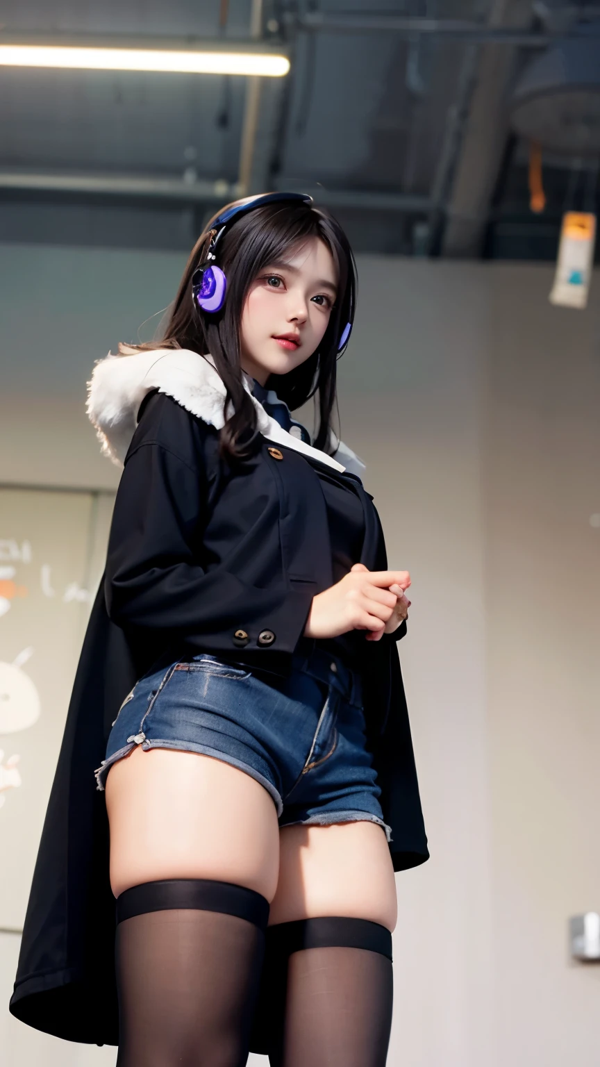 Carrot、Supermodel、Perfect build、Muchimuchi、Three girls are looking at the viewer、 3 girls、、Thighhighs、beautiful feet、hot pants、coat、cyber punk、headphone、Seen by girls from below、Innocent face、look of contempt、look down on