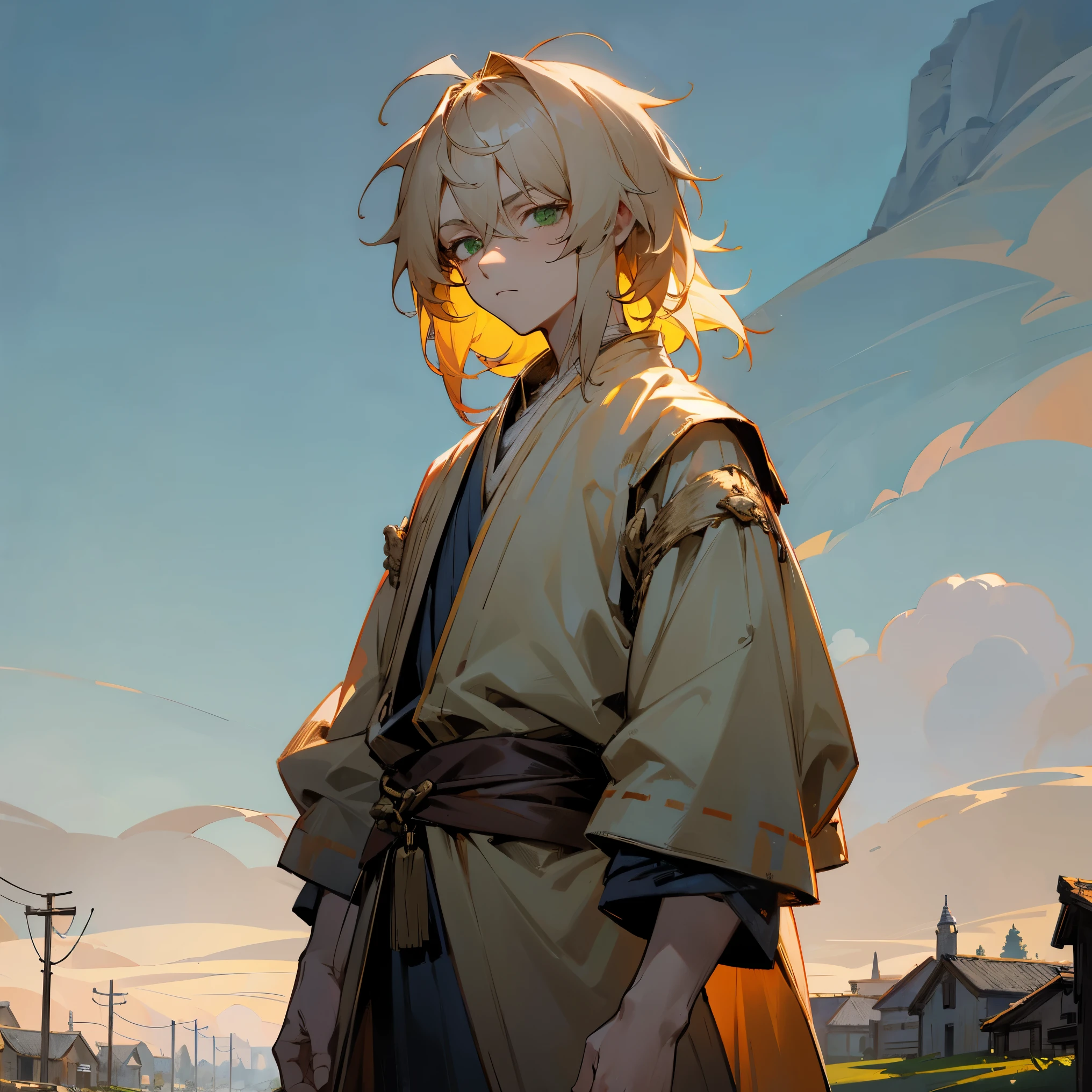 Green Eyes , Pale Blonde Hair , Messy Hair , Peasant Clothing , Village Background , Medium Length Hair , Shaggy Backnot , Standing on path , 1male , Simple Clothing , Serious Expression