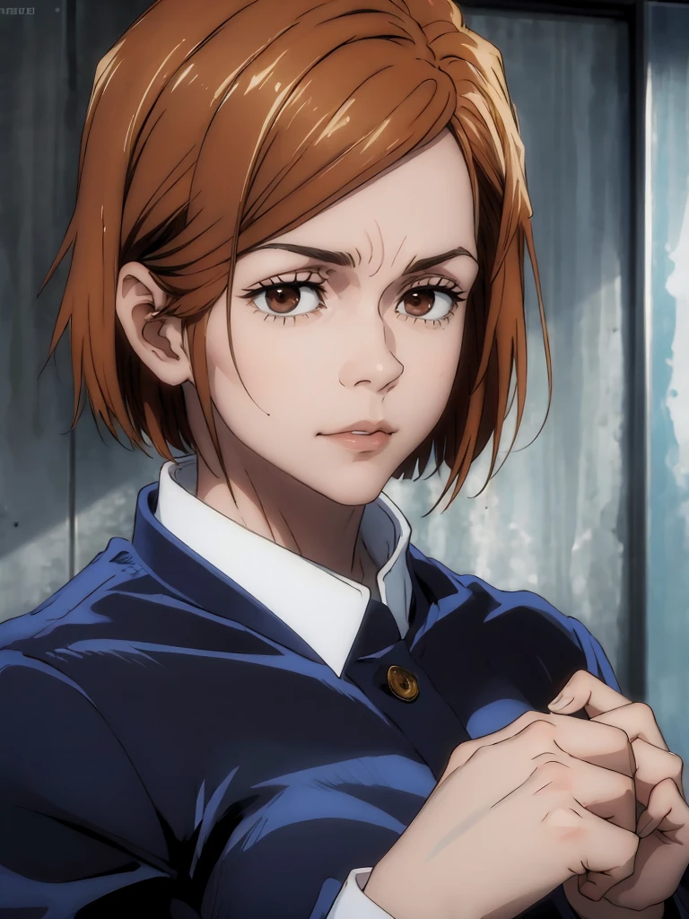 (masterpiece:1.4),(best quality:1.4) 1girl,nobara_jjk,brown hair,short hair, brown eyes,fully , sitting, full body