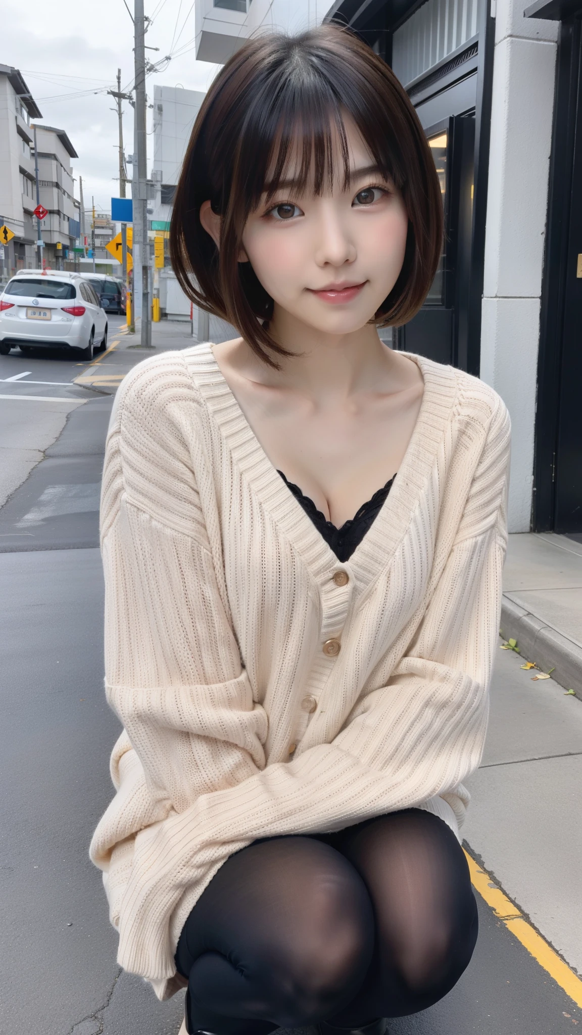 Photo taken by a professional photographer,Close-up of a woman squatting on the sidewalk with her legs crossed, kiko mizuhara, wearing a sweater, Shirahime cut brown hair, wearing a sweater, young and cute girl, japanese model, 白いwearing a sweater, Chiho, ランダムカラーのカジュアルなwearing a sweater,Cute ide waves with short hair, a cute young woman, cute young woman, black pantyhose,black tights,black high heels,