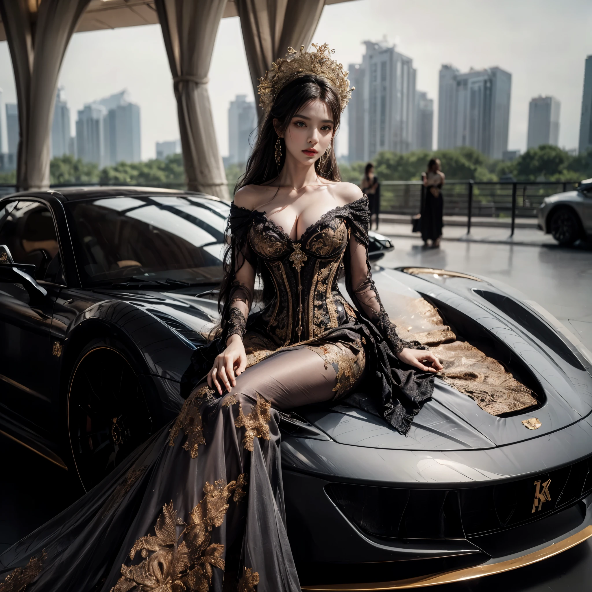 arafed woman with bustier gigantic breast in a corset and dress in front of a building, wearing an ornate outfit, ornate dress, intricate dress, elegant corset, ornate and elegant, extravagant dress, inspired by Hedi Xandt, ornate attire, intricate outfit, ornate royal gown, ornate clothing, ornate gown, intricate and elegant, intricate detailed dress, ornate , royal dress, masterpiece, best quality:1.2),,(8k,highres,RAW photo,realistic,photo-realistic:1.3),(detailed skin texture,detailed cloth texture,beautiful detailed face:1.25),professional lighting,photon mapping,beautiful soft light,radiosity,physically-based rendering,raytracing, model shoot style, model shoot style, (extremely detailed CG unity 8k wallpaper), full shot body photo of the most beautiful artwork in the world,