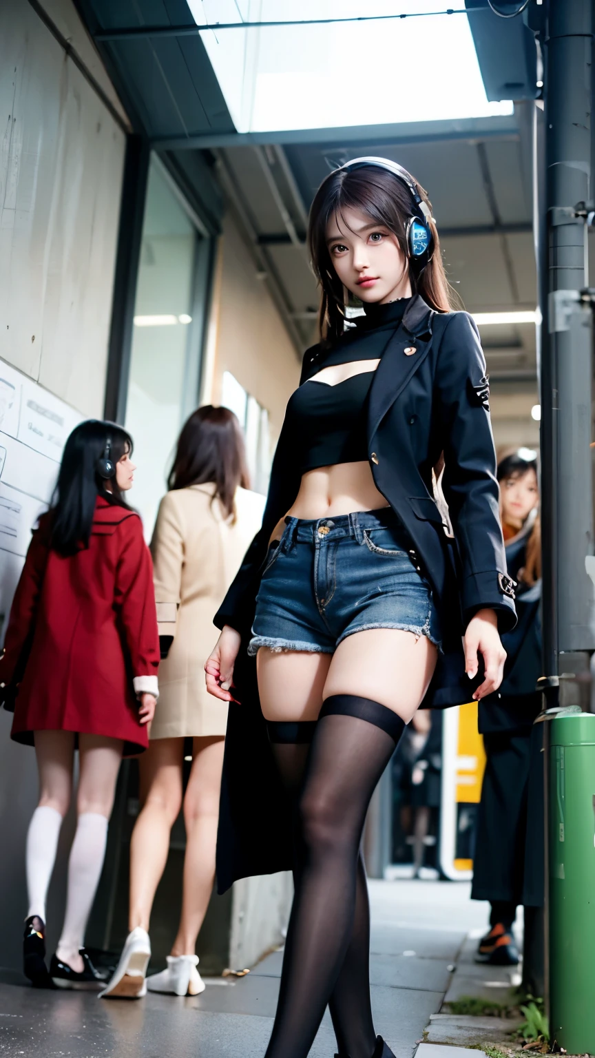 Carrot、Supermodel、Perfect build、Muchimuchi、Three girls are looking at the viewer、　3 girls、、Thighhighs、beautiful feet、hot pants、coat、cyber punk、headphone、Seen by girls from below、Innocent face、look of contempt、look down on
