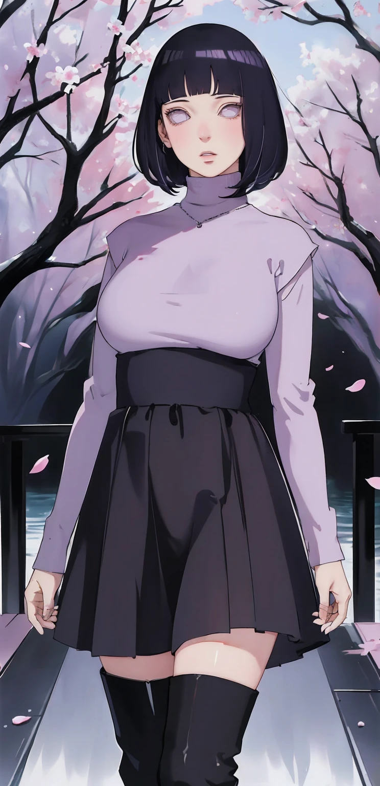{ -  error} (Masterpiece - Ultra-detailed, very high resolution) (huge titusty, masterpiece, absurdres, hinata\(boruto\), 1girl, solo,mature female, lilac turtleneck blouse, high waist black short skirt, looking at viewelling petals), perfect composition, detailed lips, big breast, beautiful face, body propotion, blush, (pink lips), short hair, (black hair), purple eyes, soft gaze, super realistic, detailed, photoshoot, realistic face and body, closed mouth, dancing ligthly , lilac eyes, full body, walking on the floor , black boots, perfect fingers, inocent face