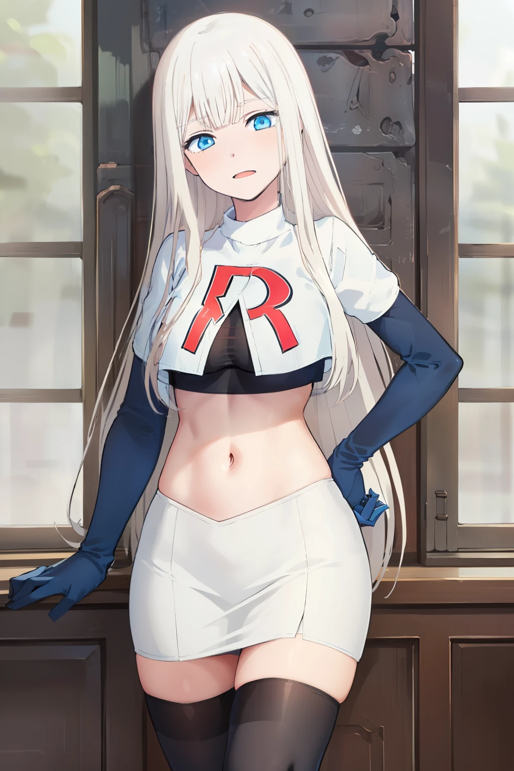 (exceptional, best aesthetic, new, newest, best quality, masterpiece, extremely detailed), Elena, 1girl, blue eyes, solo, long hair, looking at viewer, white hair, bangs, team rocket,team rocket uniform,white skirt,red letter R,crop top,black thigh-highs,black elbow gloves