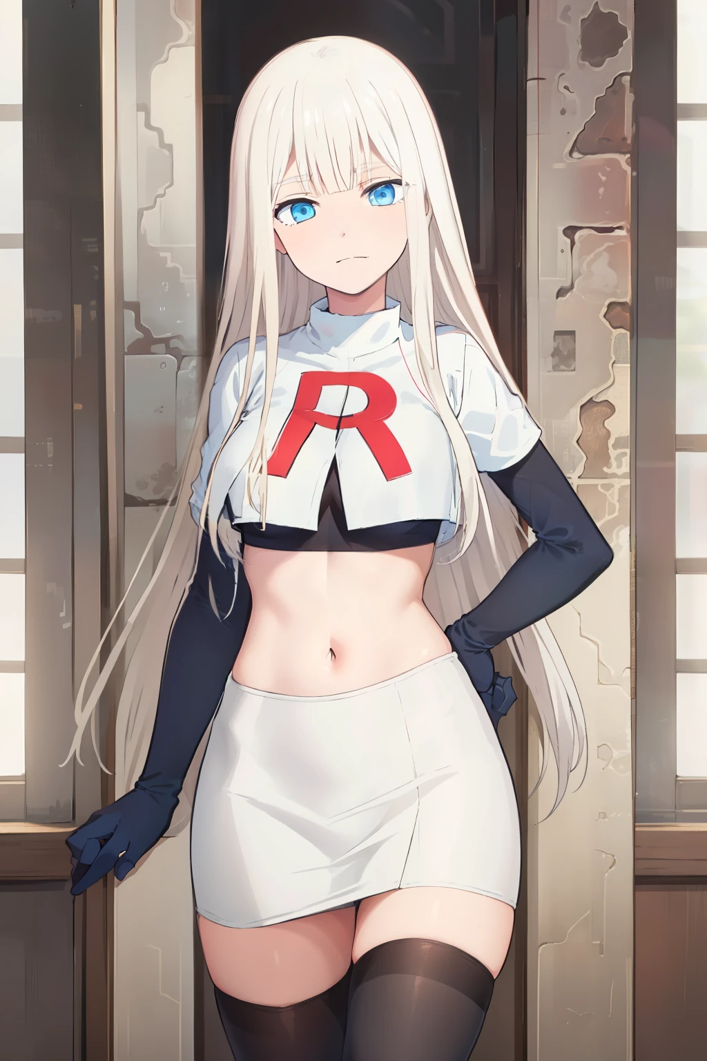 (exceptional, best aesthetic, new, newest, best quality, masterpiece, extremely detailed), Elena, 1girl, blue eyes, solo, long hair, looking at viewer, white hair, bangs, team rocket,team rocket uniform,white skirt,red letter R,crop top,black thigh-highs,black elbow gloves