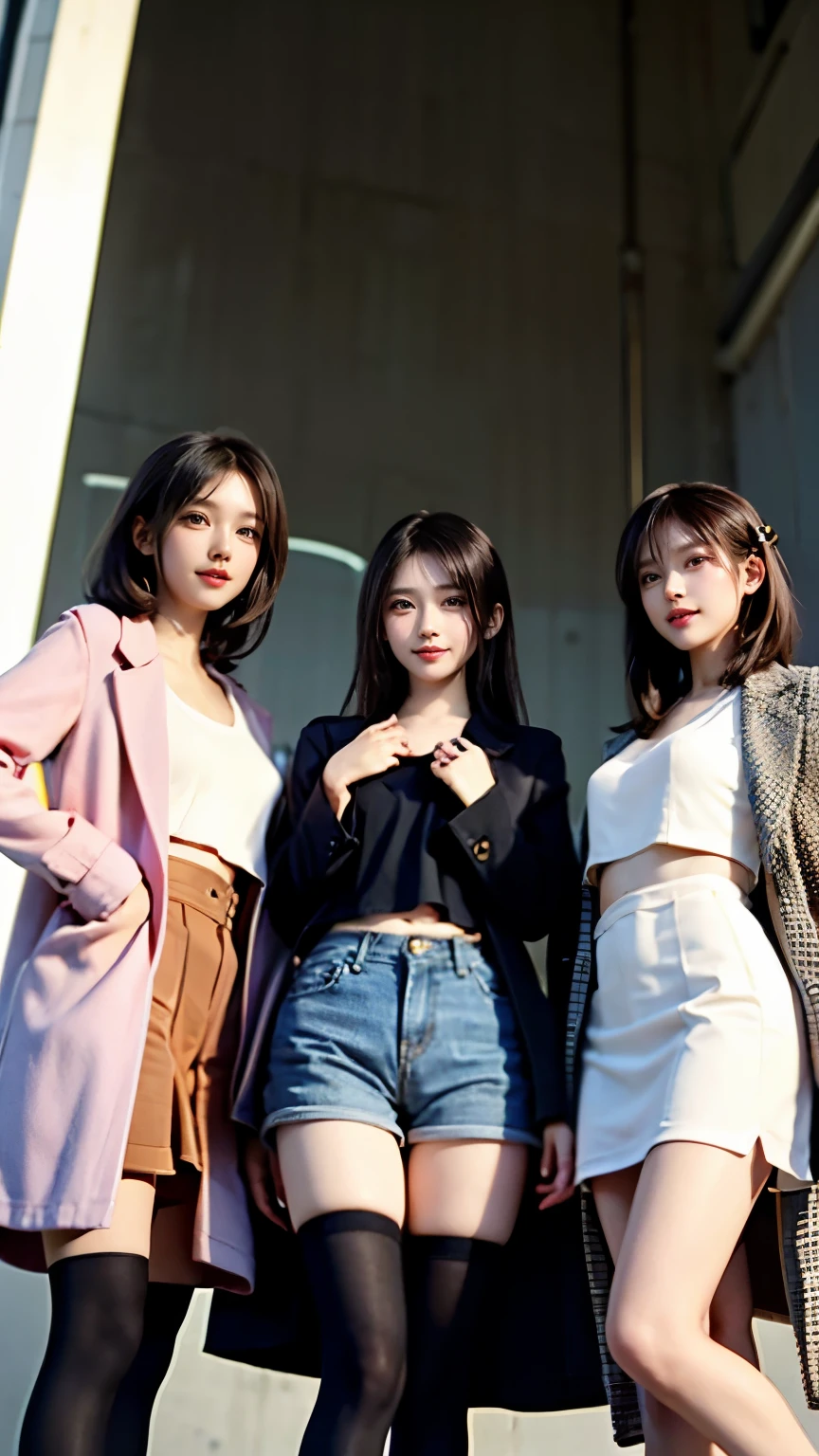 Carrot、Supermodel、Perfect build、Muchimuchi、Three girls are looking at the viewer、　3 girls、、Thighhighs、beautiful feet、hot pants、coat、cyber punk、headphone、gentle smile、Seen by girls from below、Innocent face