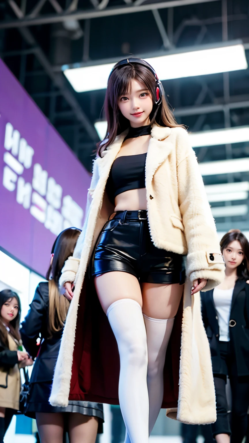 Carrot、Supermodel、Perfect build、Muchimuchi、Three girls are looking at the viewer、 3 girls、、Thighhighs、beautiful feet、hot pants、coat、cyber punk、headphone、gentle smile、Seen by girls from below、Innocent face