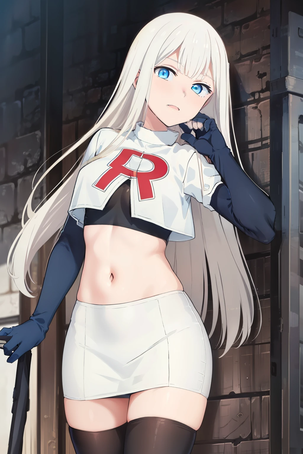 (exceptional, best aesthetic, new, newest, best quality, masterpiece, extremely detailed), Elena, 1girl, blue eyes, solo, long hair, looking at viewer, white hair, bangs, team rocket,team rocket uniform,white skirt,red letter R,crop top,black thigh-highs,black elbow gloves