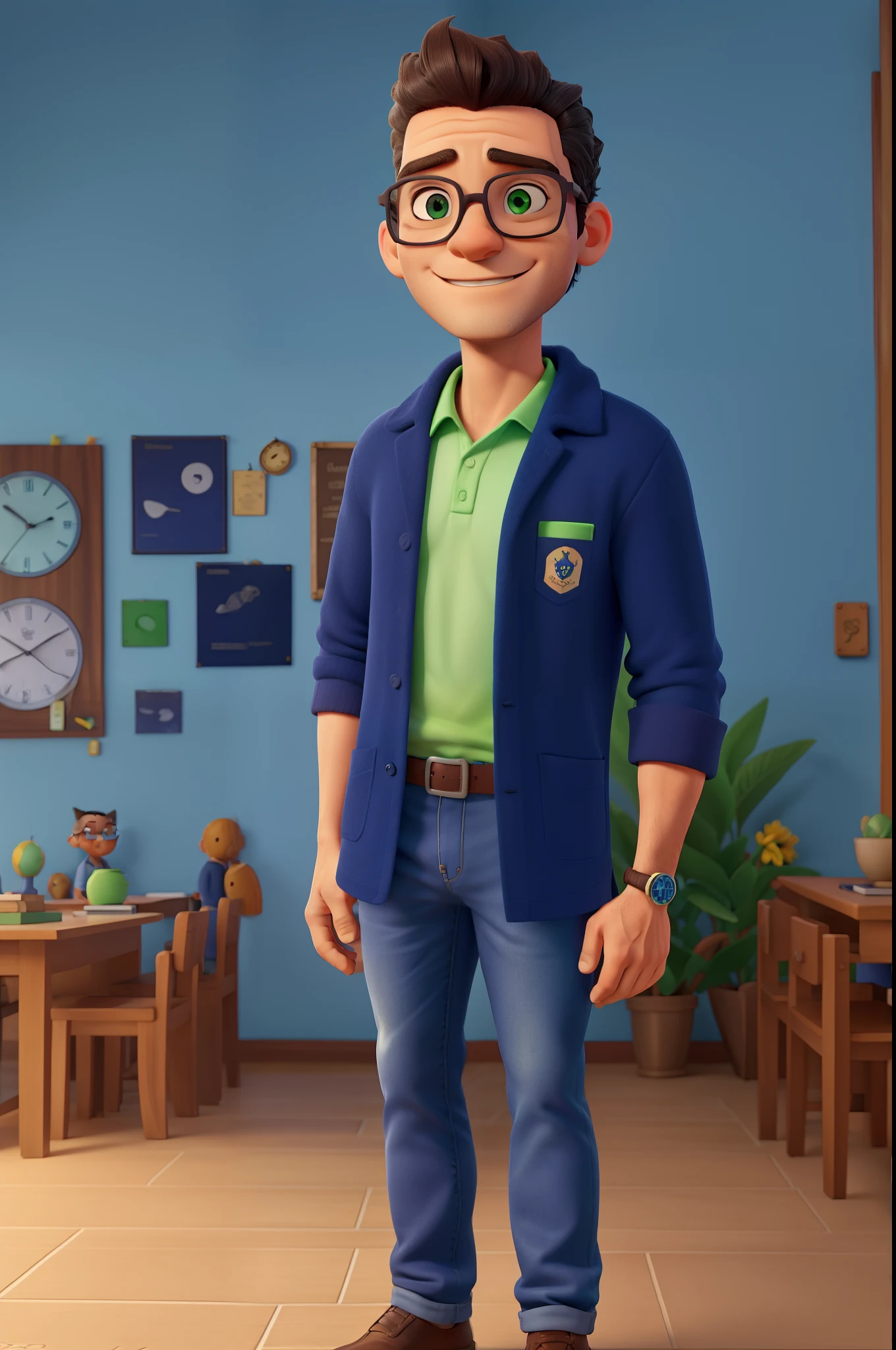 Professor Hélio Gopfert Jr . Desenhos animados em camisa polo azul royal com gola e mangas de cor verde bandeira, escrito na altura do peito ZeroHum em branco. navy blue jeans, crossed arms, olhando para frente e sorrindo com os dentes levemente aparecendo aparecendo; Olhos grandes preto, cabelos grisalhos, wearing glasses with mulatto hair in the background, uma sala de aula com alunos sentados em carteiras de cor azul, background clock and plaque on the wall with the words Colégio ZeroHum in blue and green on a white background.