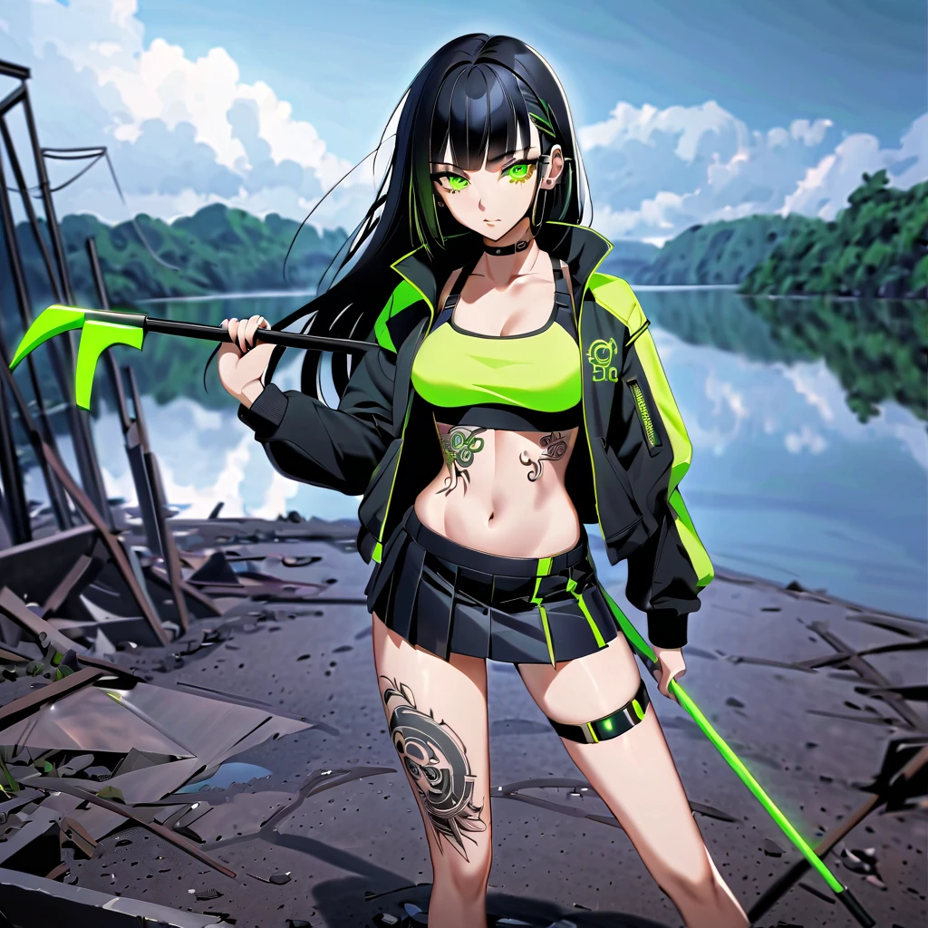 1 girl, solo, long_hair, bangs_between_the_eyes black_hair_with_strands_green, bi_color_ green_neon eyes, sexy_face, HOLDING A crowbar IN HAND NEAR THE GROUND, cyberpunk_clothes, short_jacket, navel appears, short_skirt, tatto_legs, left_arm_band, tattoo_above_navel_background_of_abandoned_lake_contaminated, manga_style_image .
