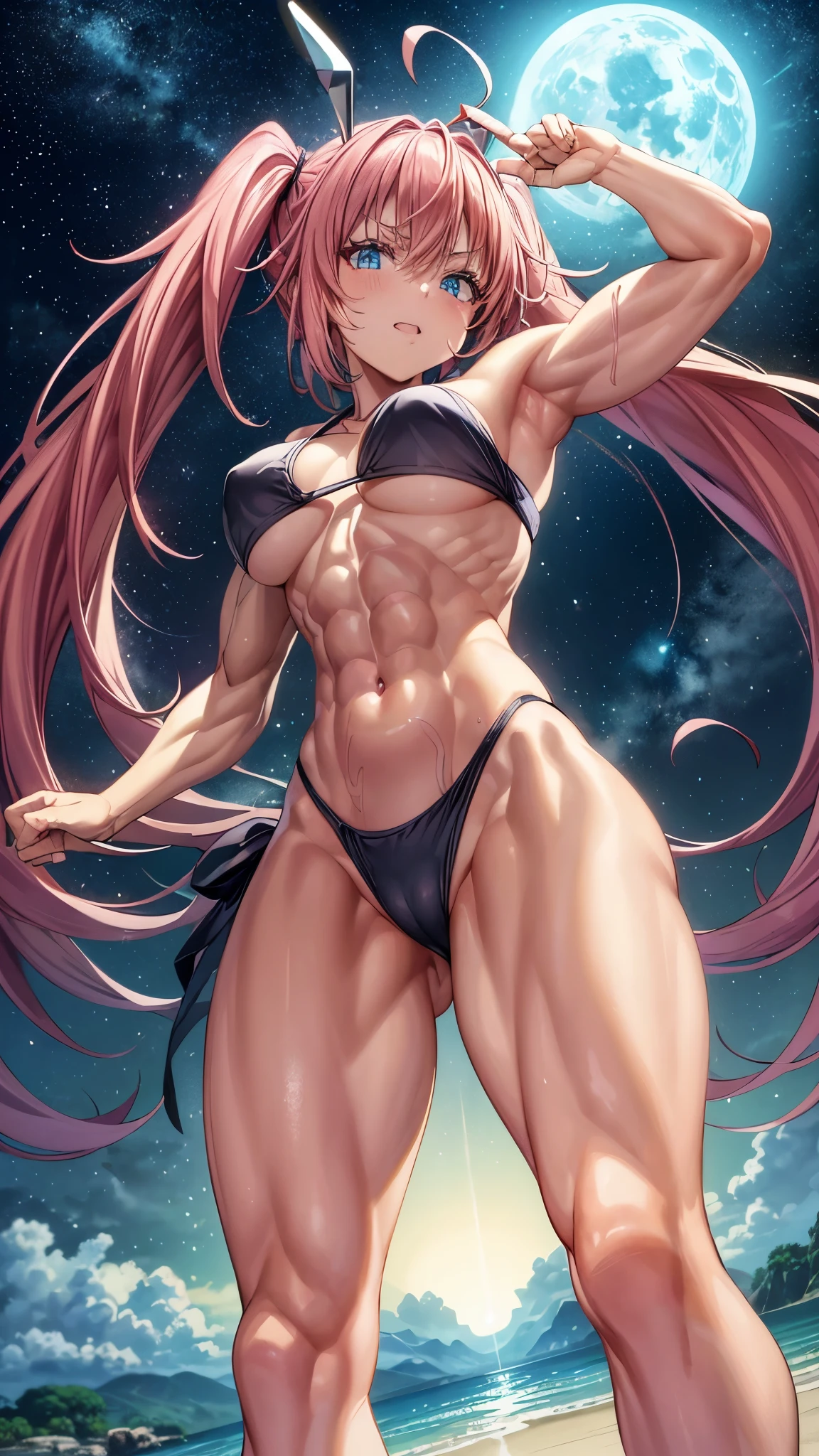 1 girl, (medium breasts))), (((wearing short bikini))), (long pink hair), (((blue eyes))), Thin arms, (on the beach at night with starry sky and full moon blood), (thin waist), (((muscular legs))), muscular belly, barefoot, (((showing me his big ass))), (full body photo), (twintails), long eyes, eye reflex , bad mood, anime, anime style, ray tracing, Reflection, drop shadow, Panorama, Sony FE, 8k, UDisk, artwork, accurate, anatomically correct, super detail, best quality, ultra-high resolution, hard drive, 16k