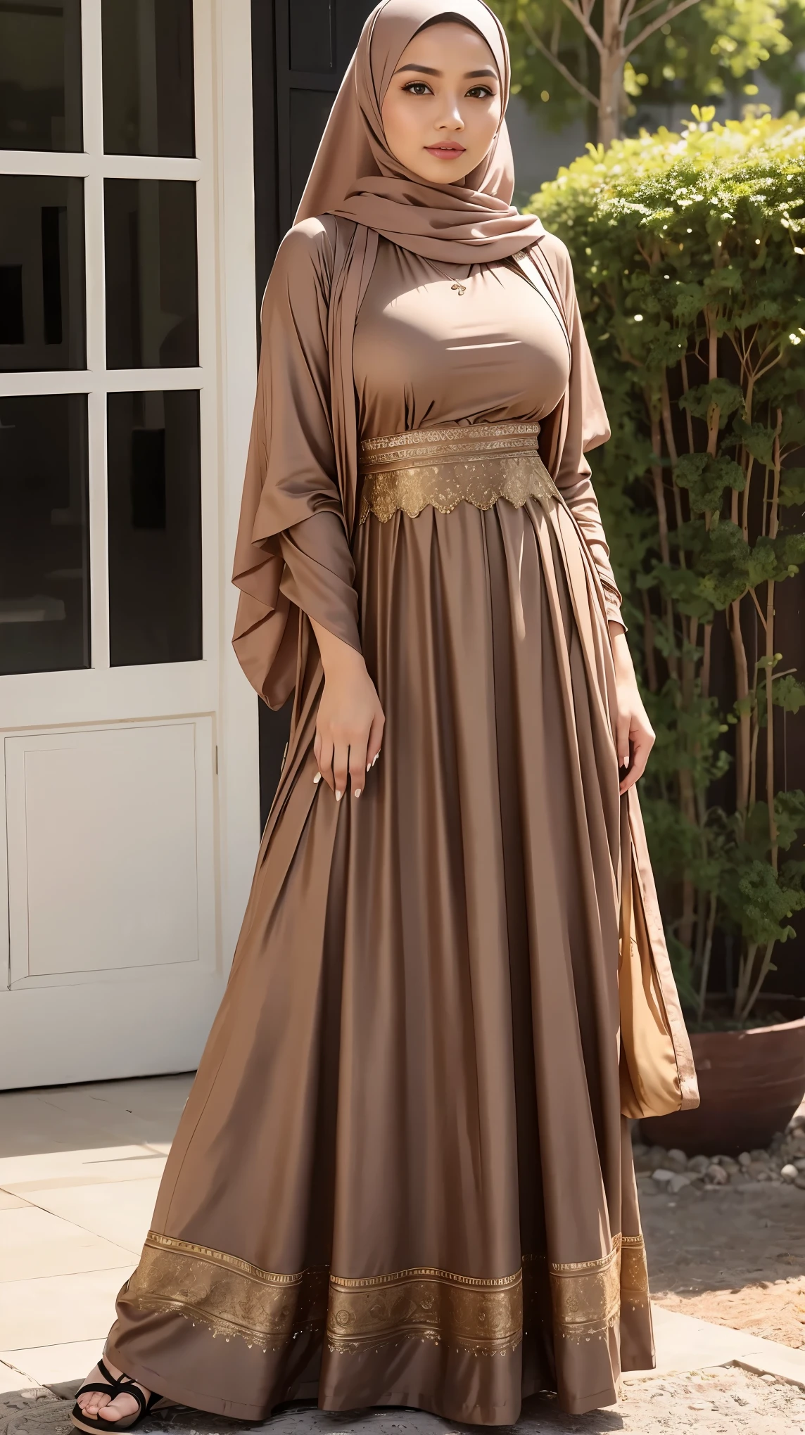 RAW, Best quality, high resolution, masterpiece: 1.3), beautiful Malay woman in hijab, Masterpiece, perfect fit body, big breasts, thick thighs, beautiful face, beautiful big eyes, Soft smile, Muslim woman in a brown top and a skirt and a purse, dressed in long fluent skirt, intriguing outfit, dressed with long fluent clothes, multilayered outfit, long skirt, wearing a long flowy fabric, long dress female, intricate outfit, full body picture, Malaysia inspired, modest flowing gown, wearing an elegant tribal outfit