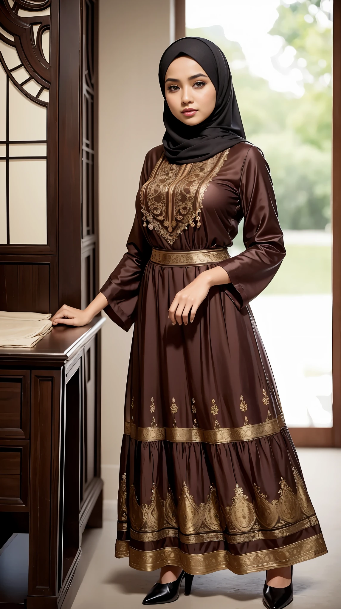 RAW, Best quality, high resolution, masterpiece: 1.3), beautiful Malay woman in hijab, Masterpiece, perfect fit body, big breasts, thick thighs, beautiful face, beautiful big eyes, Soft smile, Muslim woman in a brown top and a skirt and a purse, dressed in long fluent skirt, intriguing outfit, dressed with long fluent clothes, multilayered outfit, long skirt, wearing a long flowy fabric, long dress female, intricate outfit, full body picture, Malaysia inspired, modest flowing gown, wearing an elegant tribal outfit
