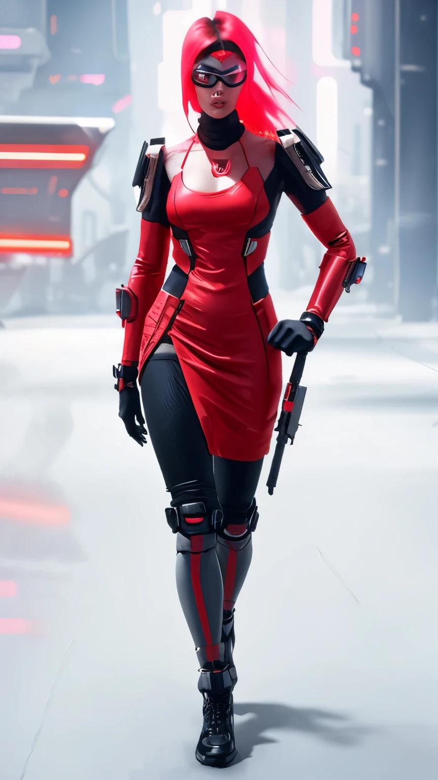 A cyberpunk assassin in a sleek red dress, seamlessly blending fashion and technology. Her visor frames a focused face, and she wields compact, lethal weaponry. Set against a futuristic cityscape with neon lights, create a stylish digital art piece embodying the deadly charm of this cyberpunk femme fatale.