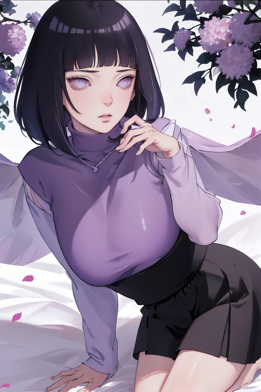 { - anatomy error} (Masterpiece - Ultra-detailed, very high resolution) (huge titusty, masterpiece, absurdres, hinata\(boruto\), 1girl, solo,mature female, lilac turtleneck blouse, high waist black long skirt, looking at viewelling petals), perfect composition, detailed lips, big breast, beautiful face, body propotion, blush, (pink lips), short hair, (black hair), purple eyes, soft gaze, super realistic, detailed, photoshoot, realistic face and body, closed mouth, sitting on the bed , lilac eyes, full body, with chin resting on shoulder, hidden hands, perfect fingers