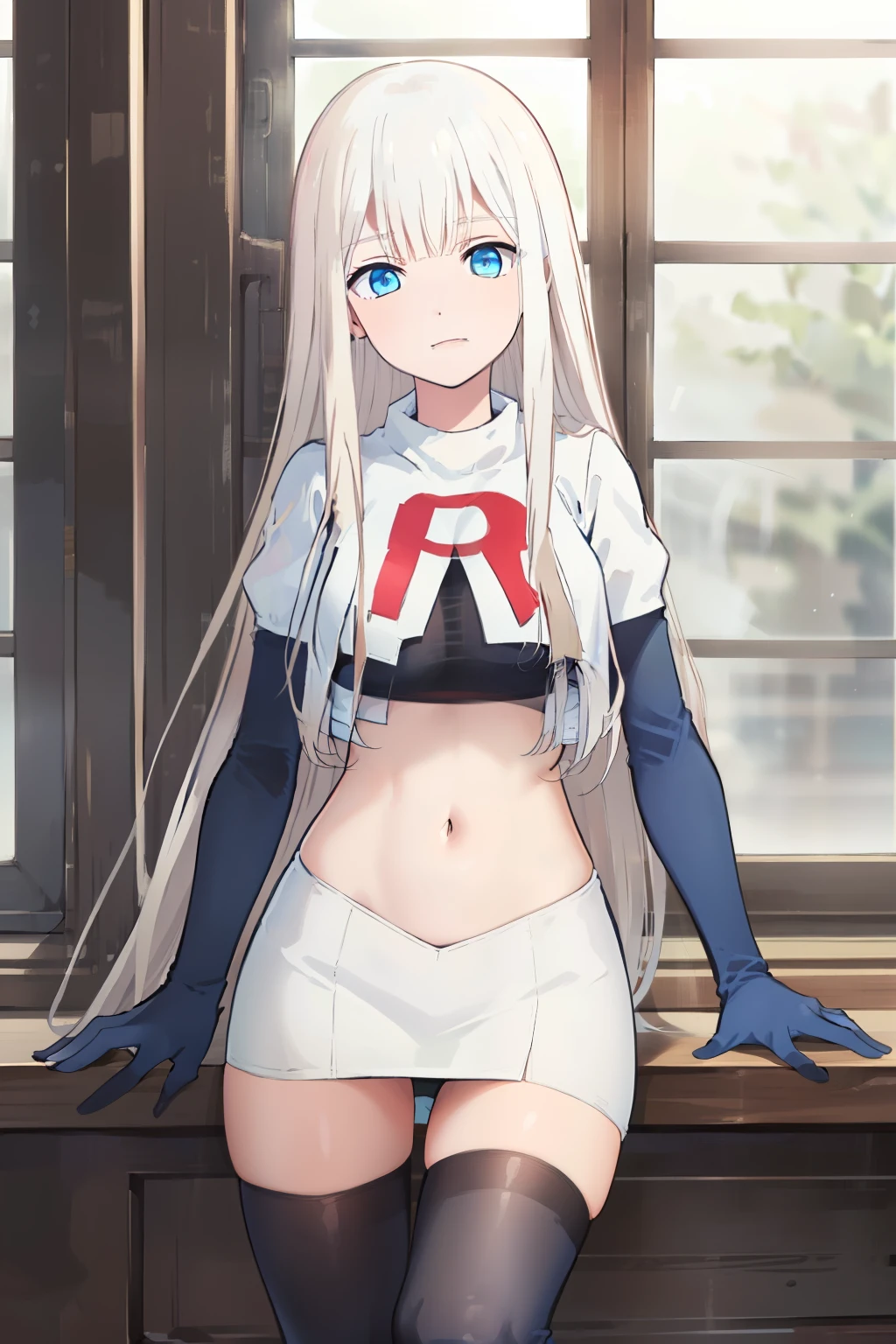 (exceptional, best aesthetic, new, newest, best quality, masterpiece, extremely detailed), Elena, 1girl, blue eyes, solo, long hair, looking at viewer, white hair, bangs, team rocket,team rocket uniform,white skirt,red letter R,crop top,black thigh-highs,black elbow gloves