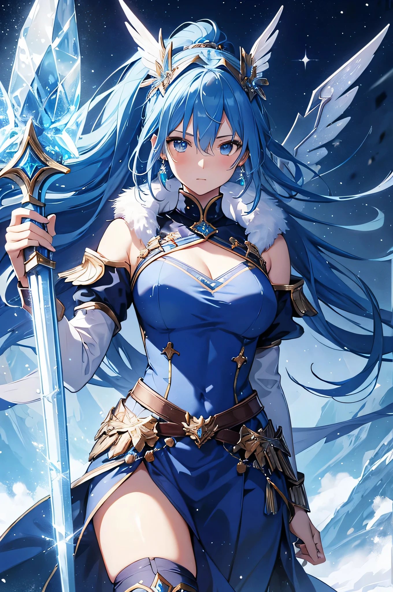 4K,High resolution,one woman,blue hair,long ponytail,Valkyrie,Sacred armor made of crystal,Jewelry Decoration,crystal decoration,winged hat,princess tiara,Crystal Sword,Temple in the Sky,winter sky