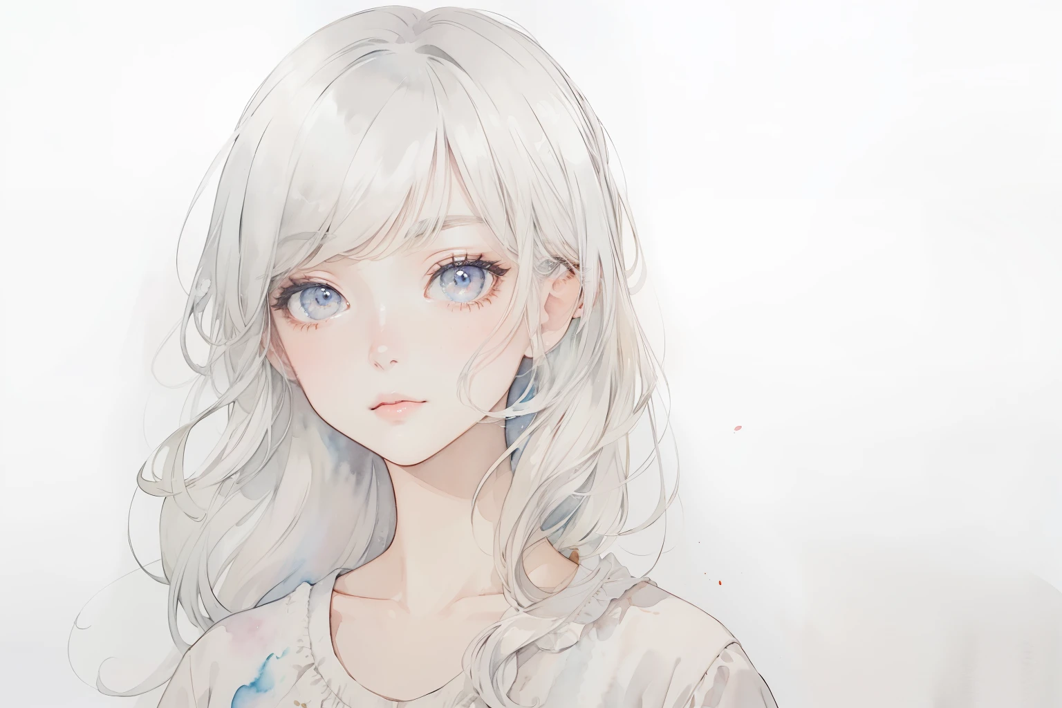 Make an image look like autumn.、(masterpiece)、(highest quality:1.1)、(超detailedな:1.1)、best illustrations、detailed、(watercolor painting:1.4)、(hand drawn:1.2)、(Watercolor brush hair)、 1 girl,Super beautiful、Upper body、Portrait、white hair、gray eyes、Look straight here、upward glance、blouse、