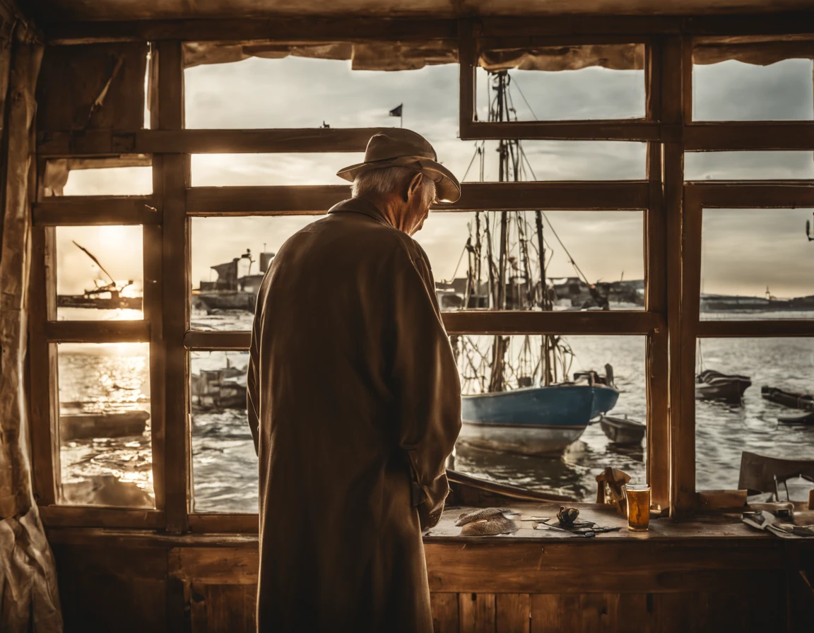 An old man looking at a picture of a fishing boat, hanging in a parlor, dimly lit room, sunlight from a bright window, fishing port in the window, top quality image.