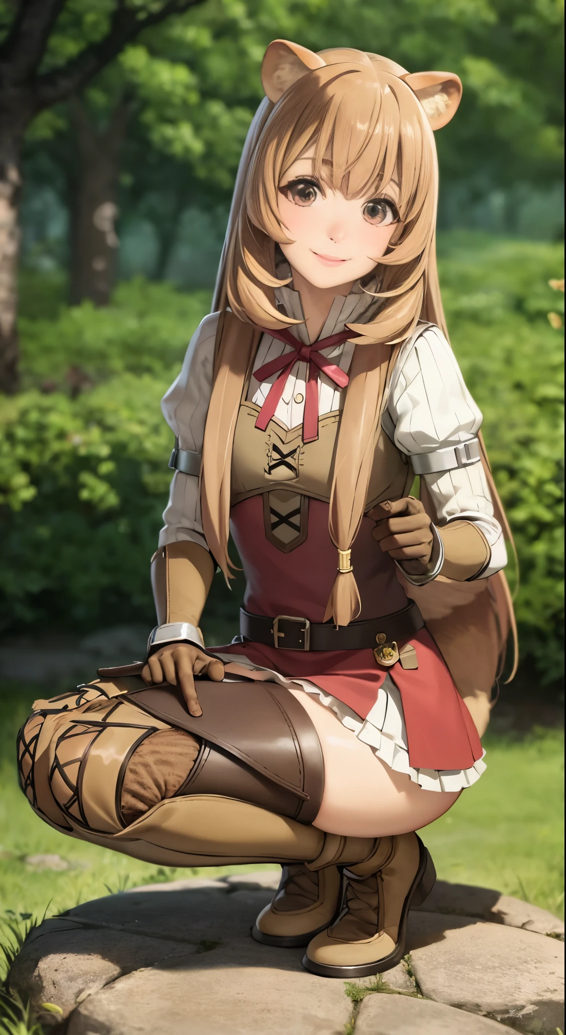 highest quality, rough, 1 girl, roughタリア、super mini skirt、white panties、squatting down、spread legs,show white panties,sexy,美しいthighs、raccoon ears, a racoon girl, animal ears, solo, long hair, brown hair, racoon tail, tail, gloves, thigh boots, knee boots, smile, bangs, thighs, thighs, looking at the viewer, full body, brown gloves, belt, long sleeves, Are standing, dress, band, closed mouth, brown shoes, Blogna, 短いdress, zettai ryouiki, red ribbon full definition, (realistic:1.4), masterpiece, blurred background, わずかなsmile, Slightly pink cheeks,in the forest, clear sky