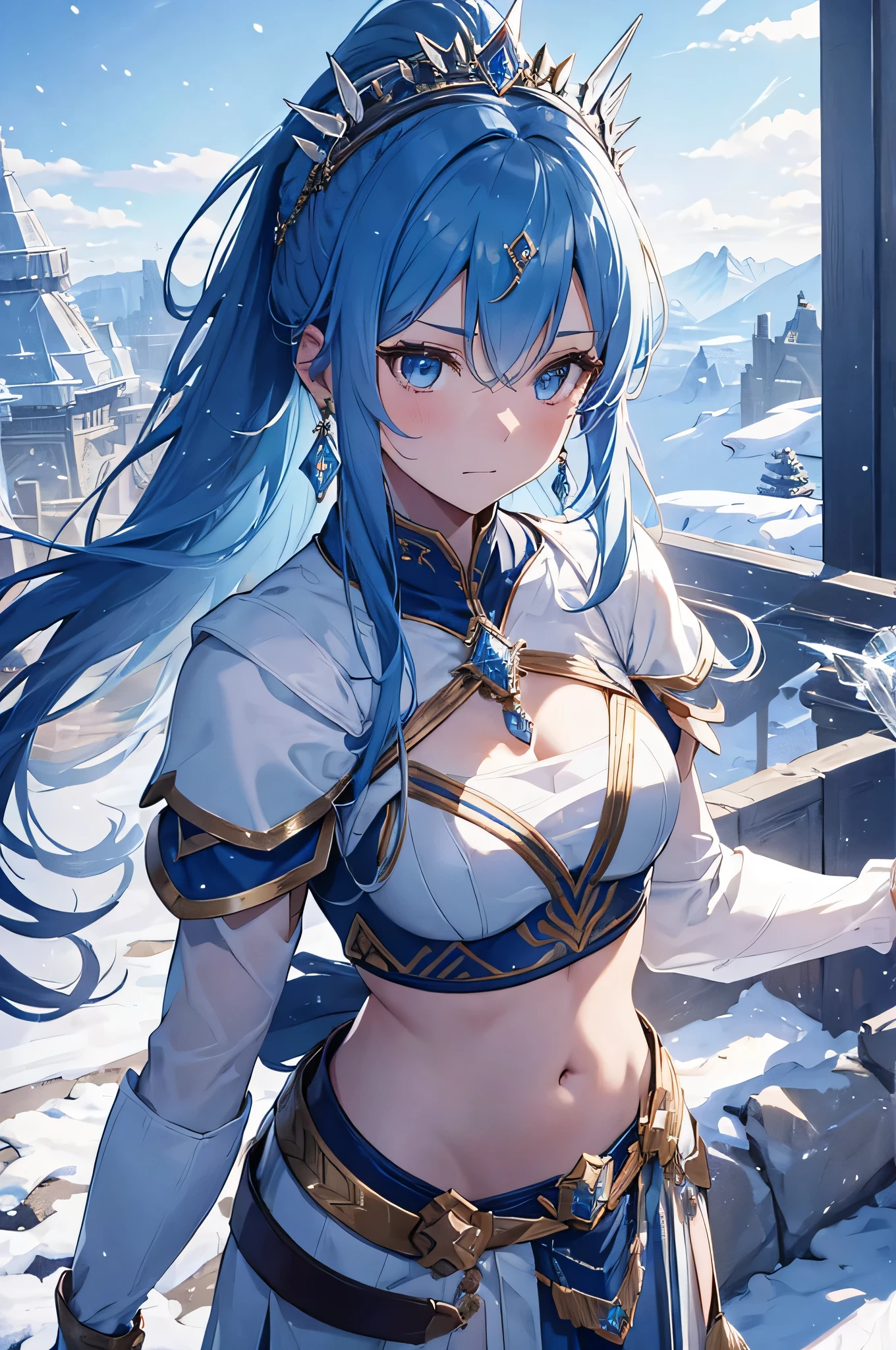 4K,High resolution,one woman,blue hair,long ponytail,Valkyrie,Sacred armor made of crystal,Jewelry Decoration,crystal decoration,winged hat,princess tiara,Crystal Sword,Temple in the Sky,winter sky