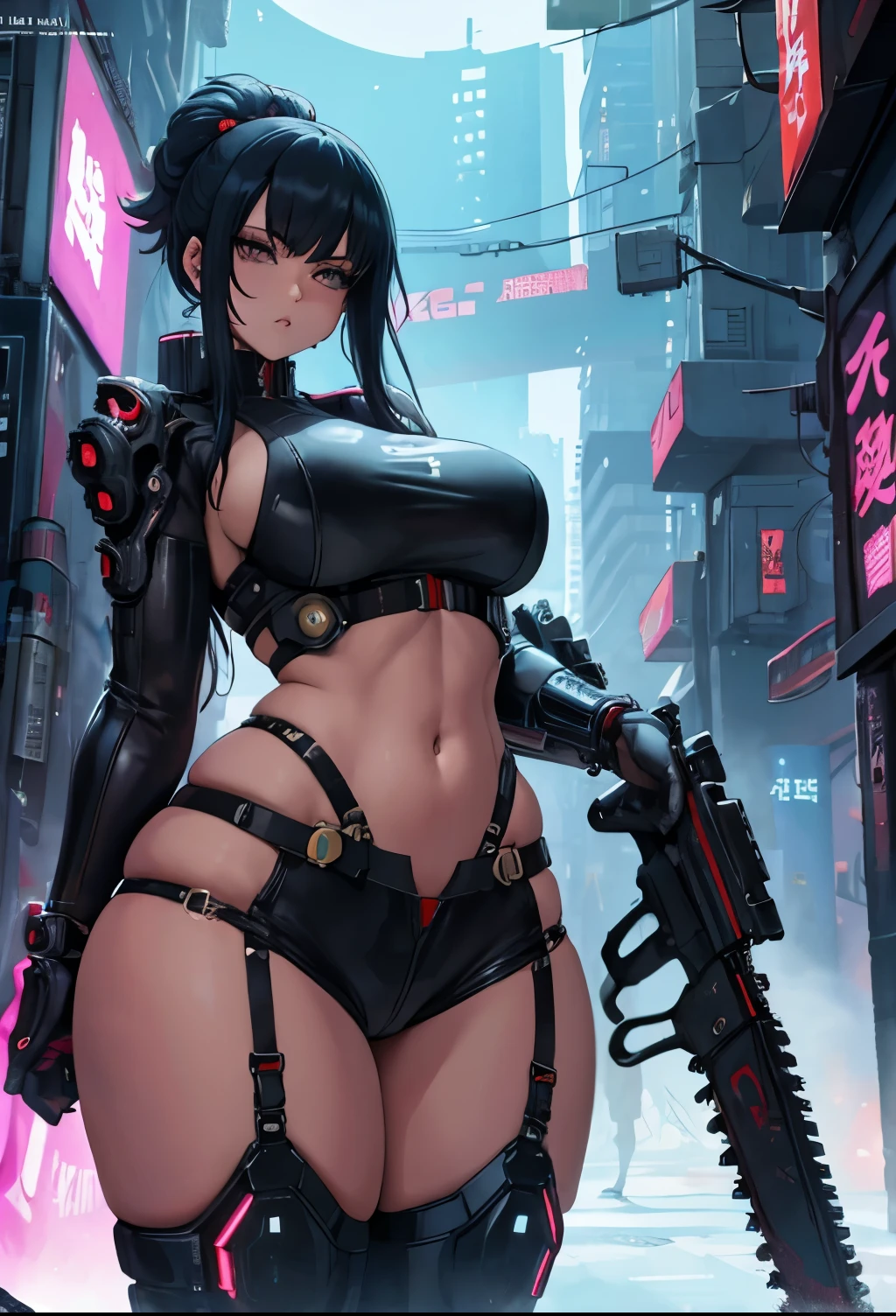 anime girl with a chainsaw and a gun in her hand, cyberpunk art by Shitao, pixiv contest winner, auto-destructive art, oppai cyberpunk, thicc, heavy detailed, (sfw) safe for work, heavy looking, biomechanical oppai, giantess art, badass anime 8 k, thicc build, highly detailed giantess shot