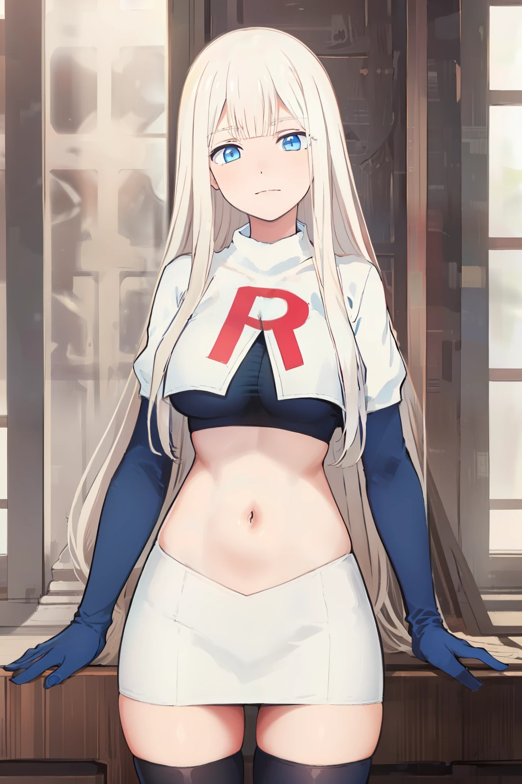 (exceptional, best aesthetic, new, newest, best quality, masterpiece, extremely detailed), Elena, 1girl, blue eyes, solo, long hair, looking at viewer, white hair, bangs, team rocket,team rocket uniform,white skirt,red letter R,crop top,black thigh-highs,black elbow gloves