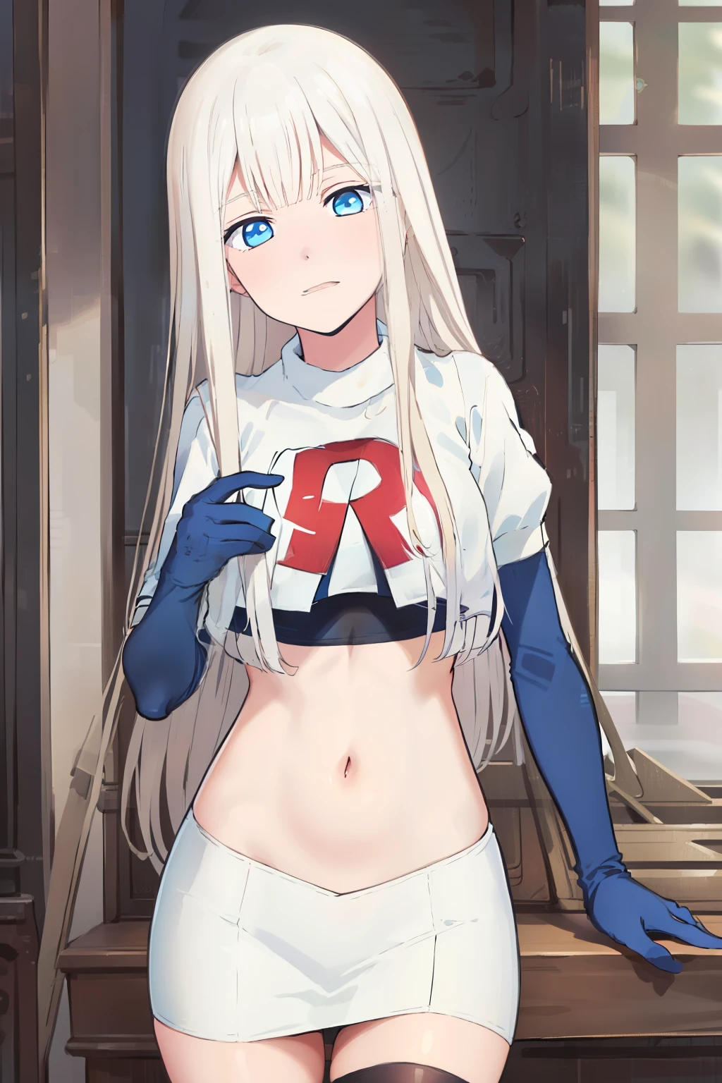 (exceptional, best aesthetic, new, newest, best quality, masterpiece, extremely detailed), Elena, 1girl, blue eyes, solo, long hair, looking at viewer, white hair, bangs, team rocket,team rocket uniform,white skirt,red letter R,crop top,black thigh-highs,black elbow gloves