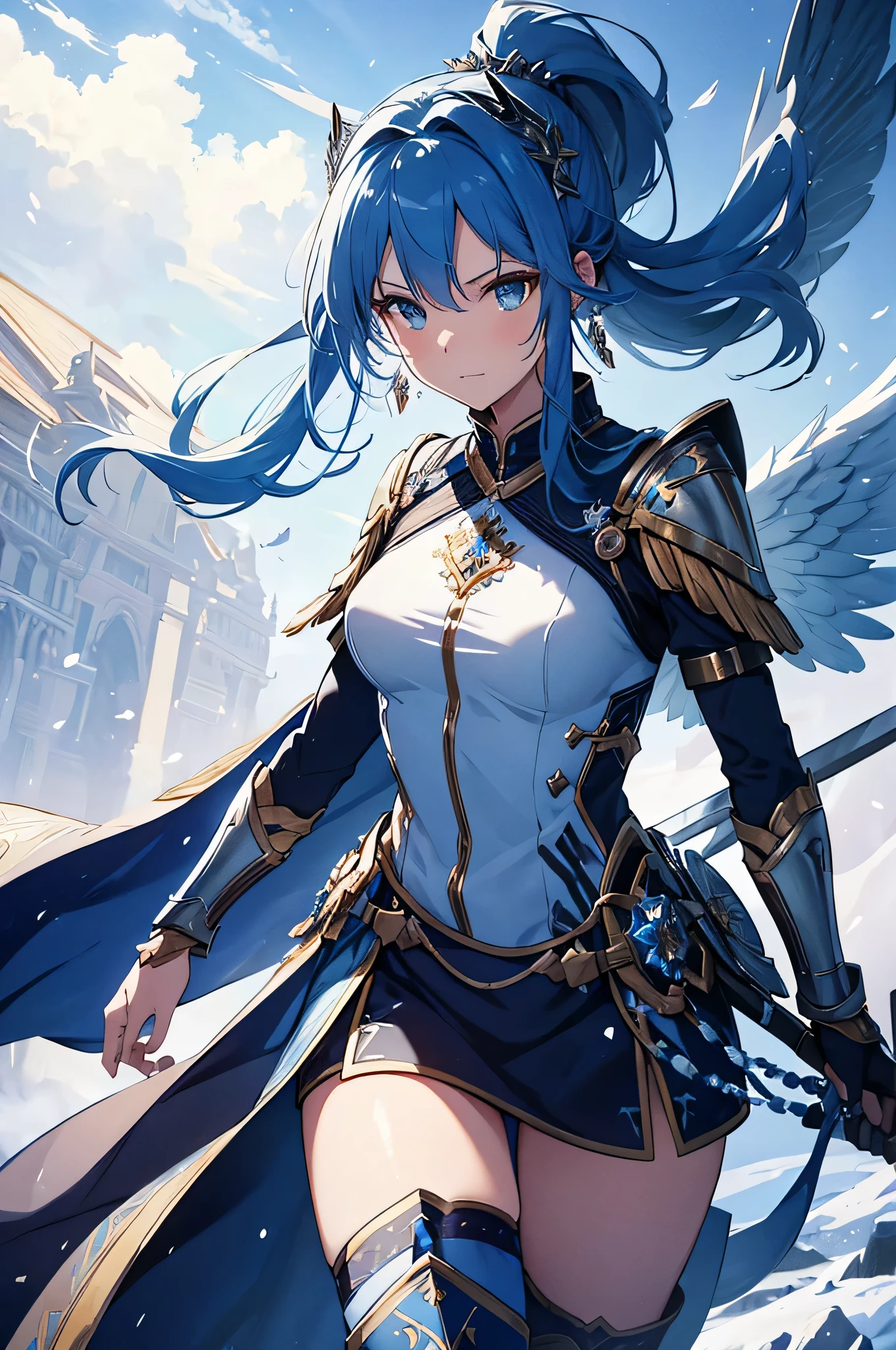 4K,High resolution,one woman,blue hair,long ponytail,Valkyrie,Sacred armor made of crystal,Jewelry Decoration,crystal decoration,winged hat,princess tiara,Crystal Sword,Temple in the Sky,winter sky