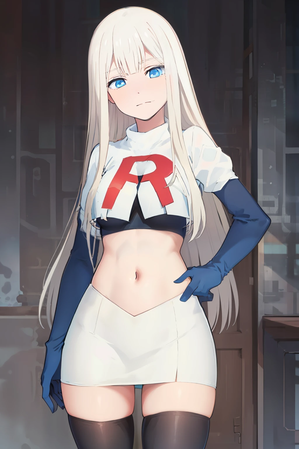 (exceptional, best aesthetic, new, newest, best quality, masterpiece, extremely detailed), Elena, 1girl, blue eyes, solo, long hair, looking at viewer, white hair, bangs, team rocket,team rocket uniform,white skirt,red letter R,crop top,black thigh-highs,black elbow gloves