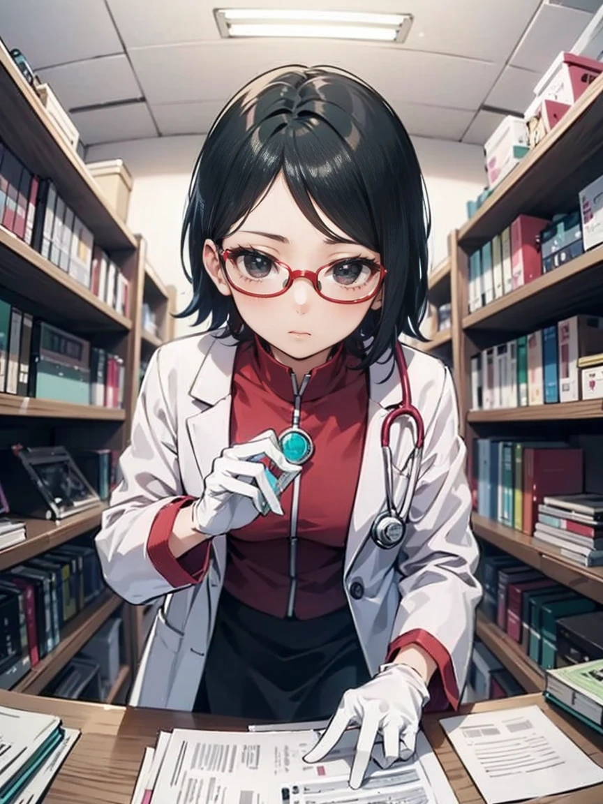 Sarada Uchiha with short hair, black eyes and glasses. She is wearing a white coat, turquoise green wool blouse, and black skirt. She is in a doctor's office with shelves with medicines and a table with documents. She has a stethoscope. Intricate details, rich colors and a sense of grandeur. Perspective. White gloves