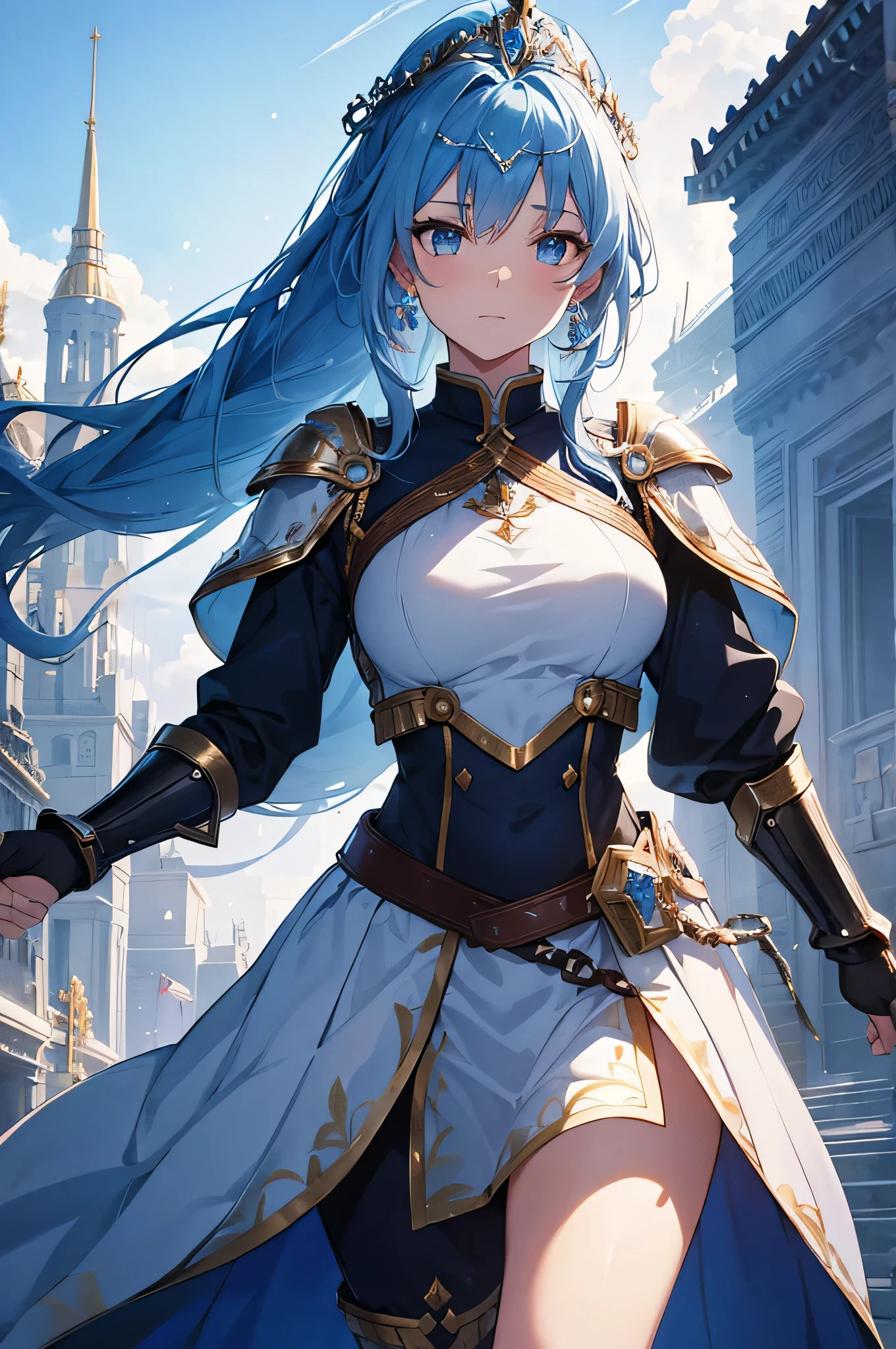 4K,High resolution,one woman,blue hair,long ponytail,Valkyrie,Sacred armor made of crystal,Jewelry Decoration,crystal decoration,winged hat,princess tiara,Crystal Sword,Temple in the Sky,winter sky