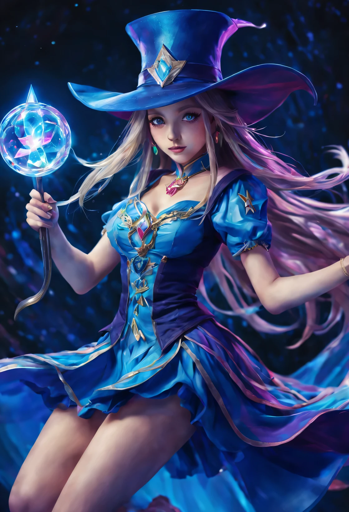 暗黑Magical girl,Beautiful and delicate eyes,hourglass figure,flowing hair,graceful posture,mysterious background,Glowing magic wand,sparkling effect,Color cards,Magical girl,anime style,studio lighting,bright colors,pastel tones,subtle shading,emphasize,realistic details,sharp focus,Ultra-fine painting,professional artwork.