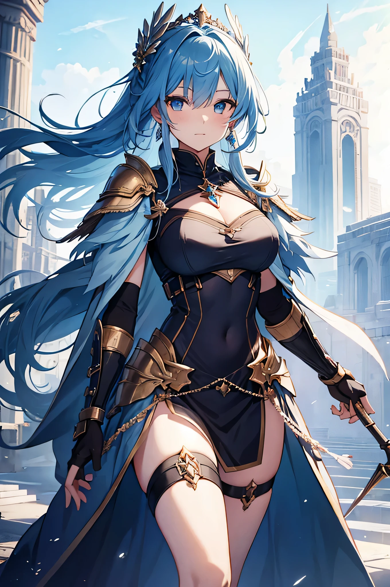 4K,High resolution,one woman,blue hair,long ponytail,Valkyrie,Sacred armor made of crystal,Jewelry Decoration,crystal decoration,winged hat,princess tiara,Crystal Sword,Temple in the Sky,winter sky
