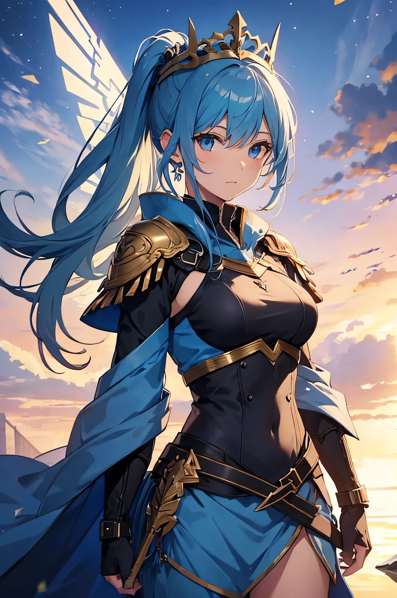 4K,High resolution,one woman,blue hair,long ponytail,Valkyrie,Sacred armor made of crystal,Jewelry Decoration,crystal decoration,winged hat,princess tiara,Crystal Sword,Temple in the Sky,winter sky