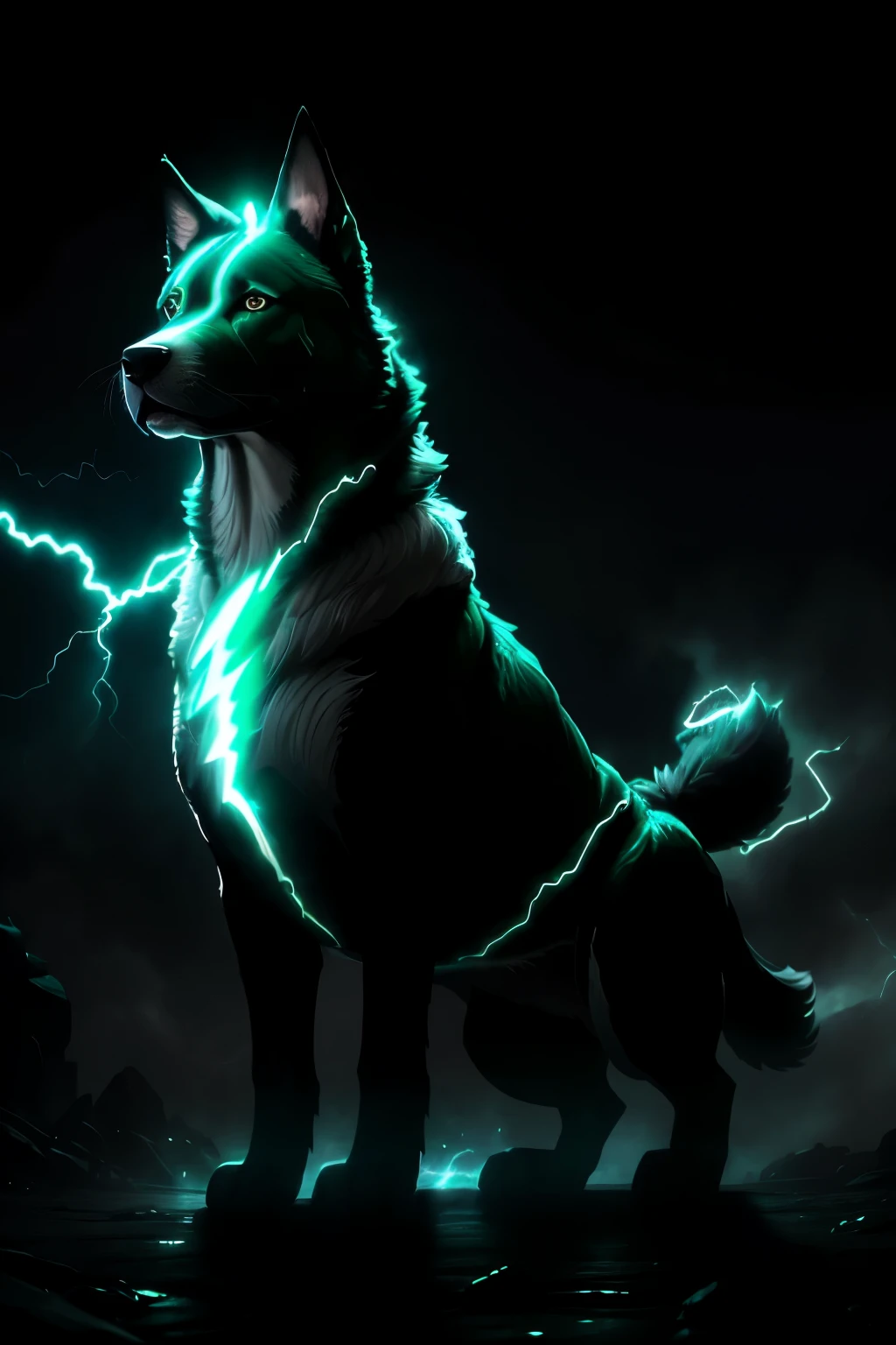 Movie CG, one magnificent dog with emerald green eyes and a radiant white lightning bolt emblazoned on its forehead. The large dog's fur is sleek and glossy, reflecting the light in mesmerizing ways. Its body is powerfully built, with broad shoulders and strong legs. The lightning bolt glows with an otherworldly intensity, flickering and crackling, as if ready to unleash an electrifying charge. The dog's eyes are full of intelligence and courage, and it emanates a sense of loyalty and protection. The scene is lit with dramatic, high contrast lighting, and the thick fog adds to the mystical atmosphere. The dog stands proudly against a back