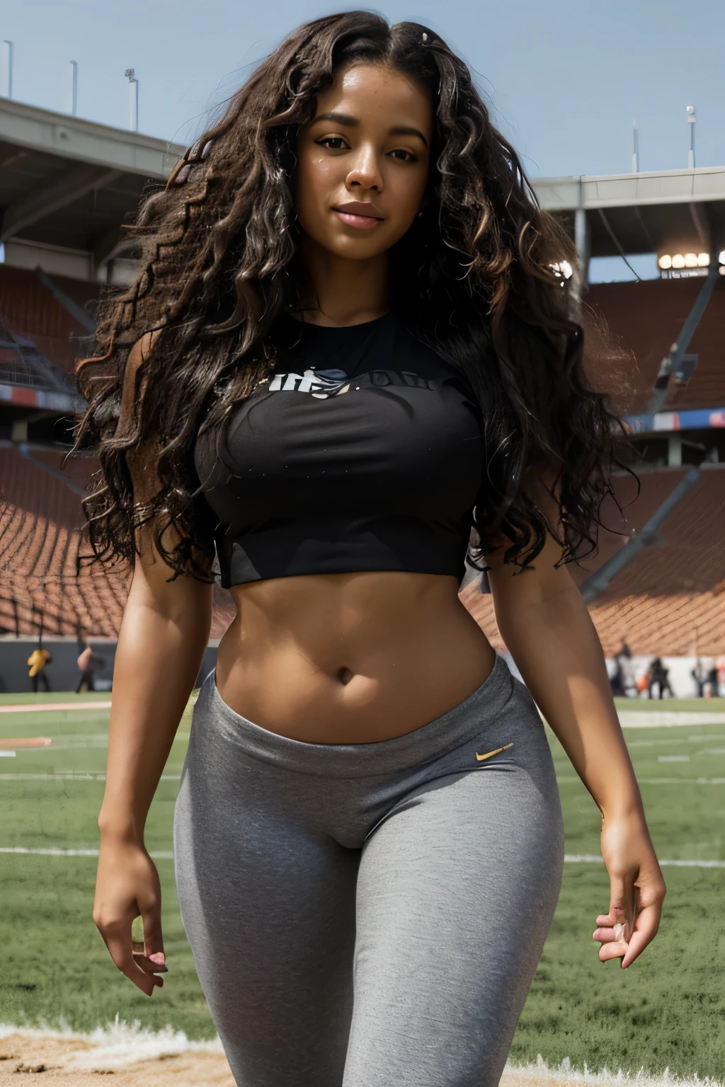 A beautiful and amazing black Brazilian woman，portrait of full body，Free curls, Black curly hair, (dark shorter curly hair), football stadium background, yoga pants, sexy yoga pants, Wild black long curly hair, multiversal hair, Brazilian, Short black curly hair, Curly black hair, Curls, wavy hair spread out, Baroque curls, curlies, curly, Fair curly hair, Hair texture, curly bang