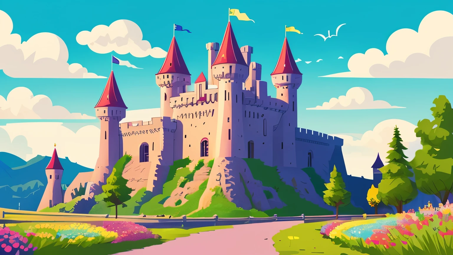 Western style castle illustration,Vector illustration style colorful,pop,Fairytale,Instead of a close-up of the castle, I also drew the road leading to the castle.,clear color,sunny background during the day,