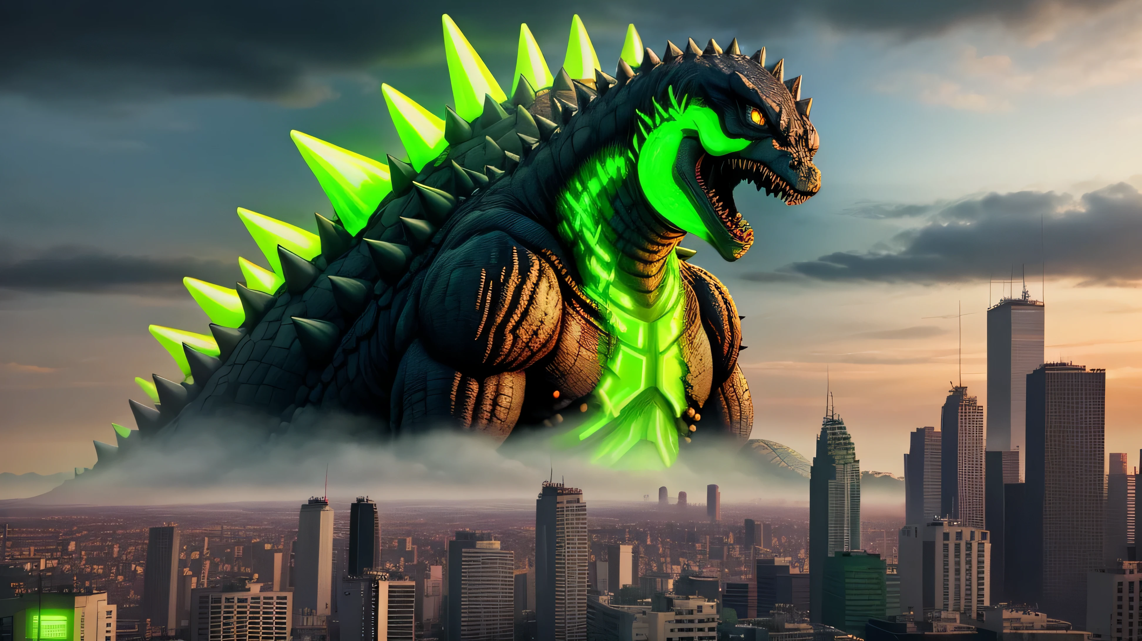 godzilla is looming over a city with large green glowing neon emerald spikes an getting ready to blow, robot gozilla 484k godzilla with green spikes is angry photoreali 488k
48k