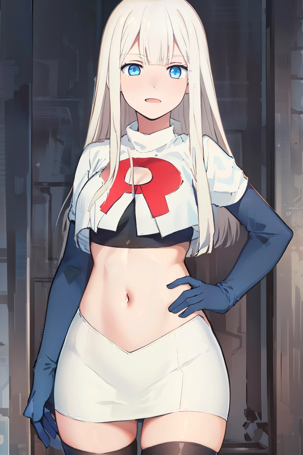 (exceptional, best aesthetic, new, newest, best quality, masterpiece, extremely detailed), Elena, 1girl, blue eyes, solo, long hair, looking at viewer, white hair, bangs, team rocket,team rocket uniform,white skirt,red letter R,crop top,black thigh-highs,black elbow gloves