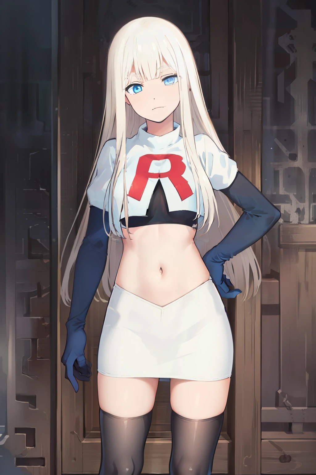 (exceptional, best aesthetic, new, newest, best quality, masterpiece, extremely detailed), Elena, 1girl, blue eyes, solo, long hair, looking at viewer, white hair, bangs, team rocket,team rocket uniform,white skirt,red letter R,crop top,black thigh-highs,black elbow gloves